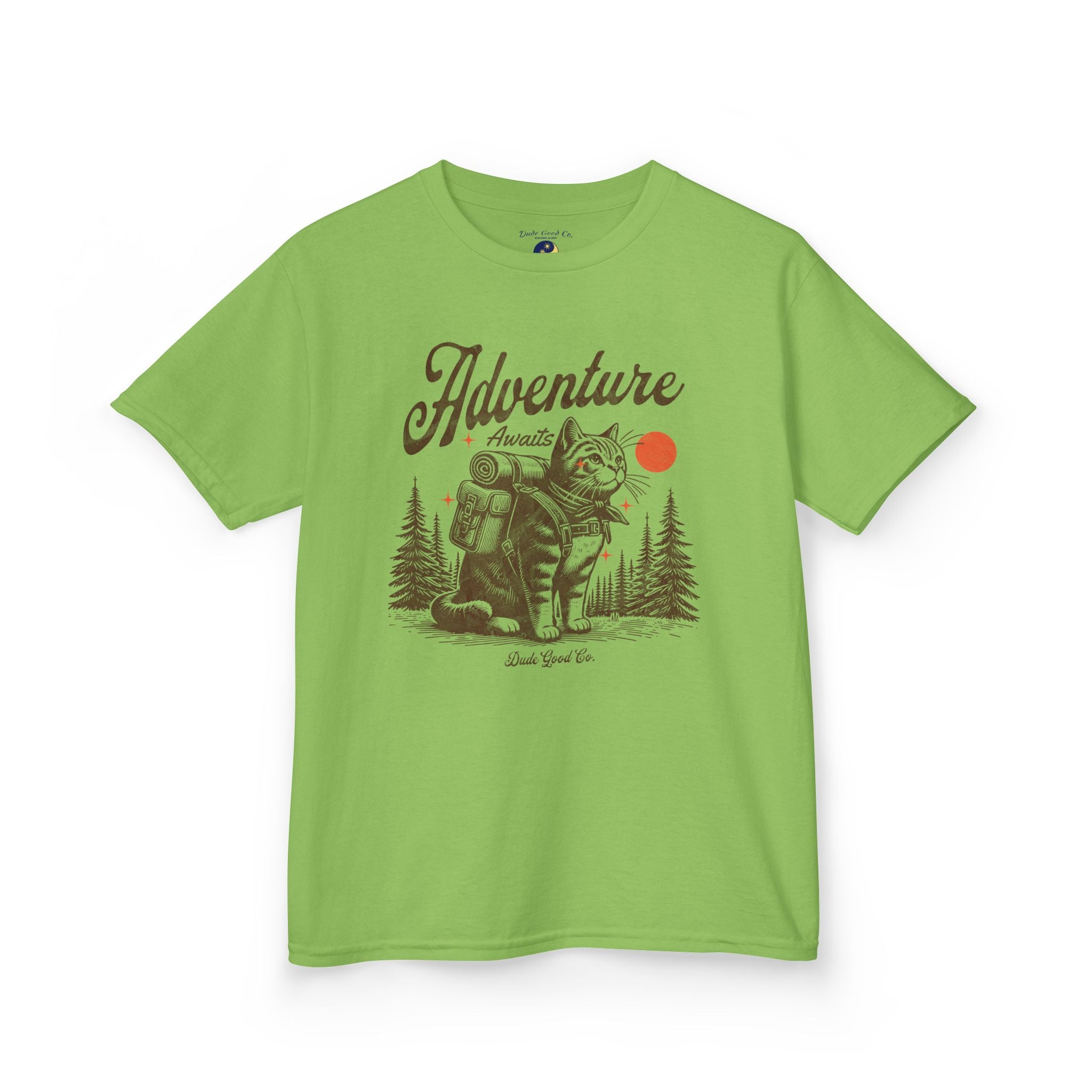 Cat Adventure Backpacking Tee — Fun 'Adventure Awaits' Cat Hiking Graphic T-shirt sizes 5-14
