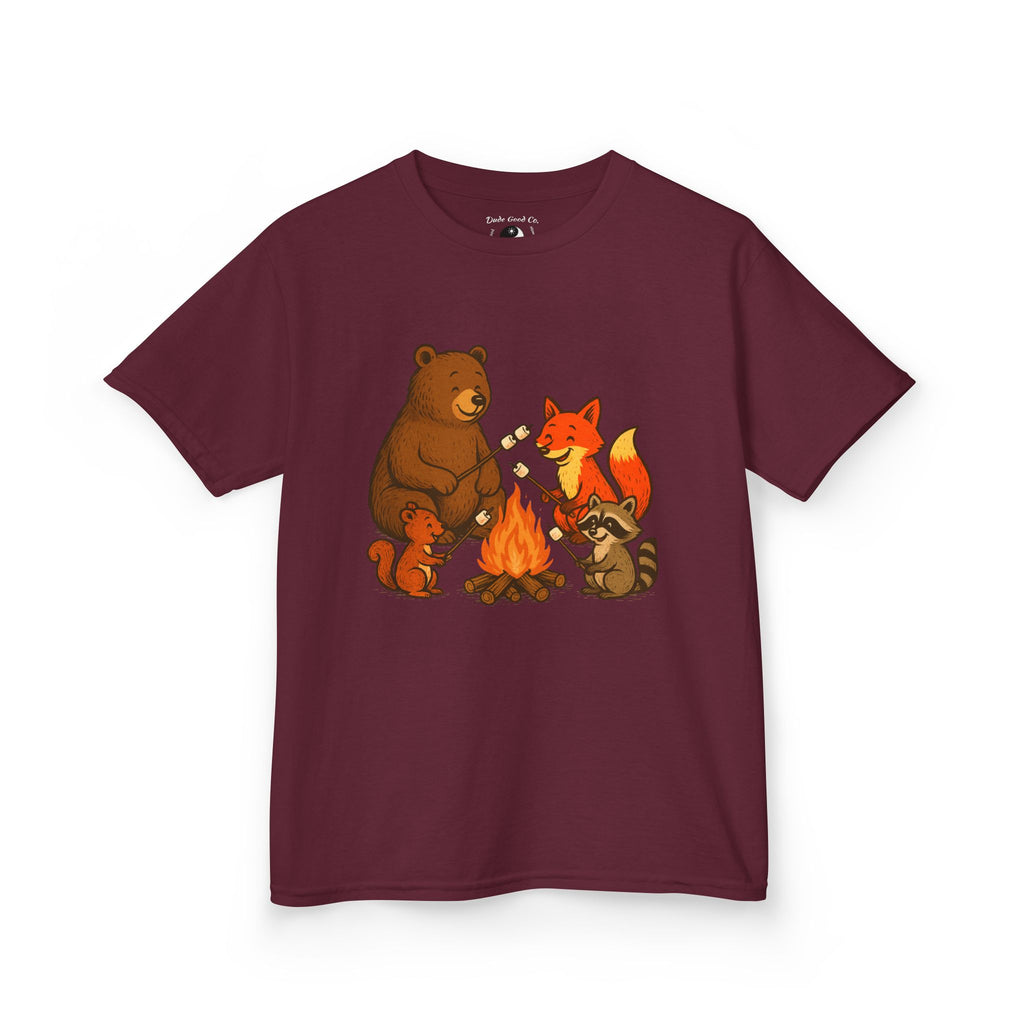 Kids Campfire S'more Woodland Friends T-Shirt — Bear, Fox, Squirrel & Raccoon Roasting Marshmallows Graphic Tee