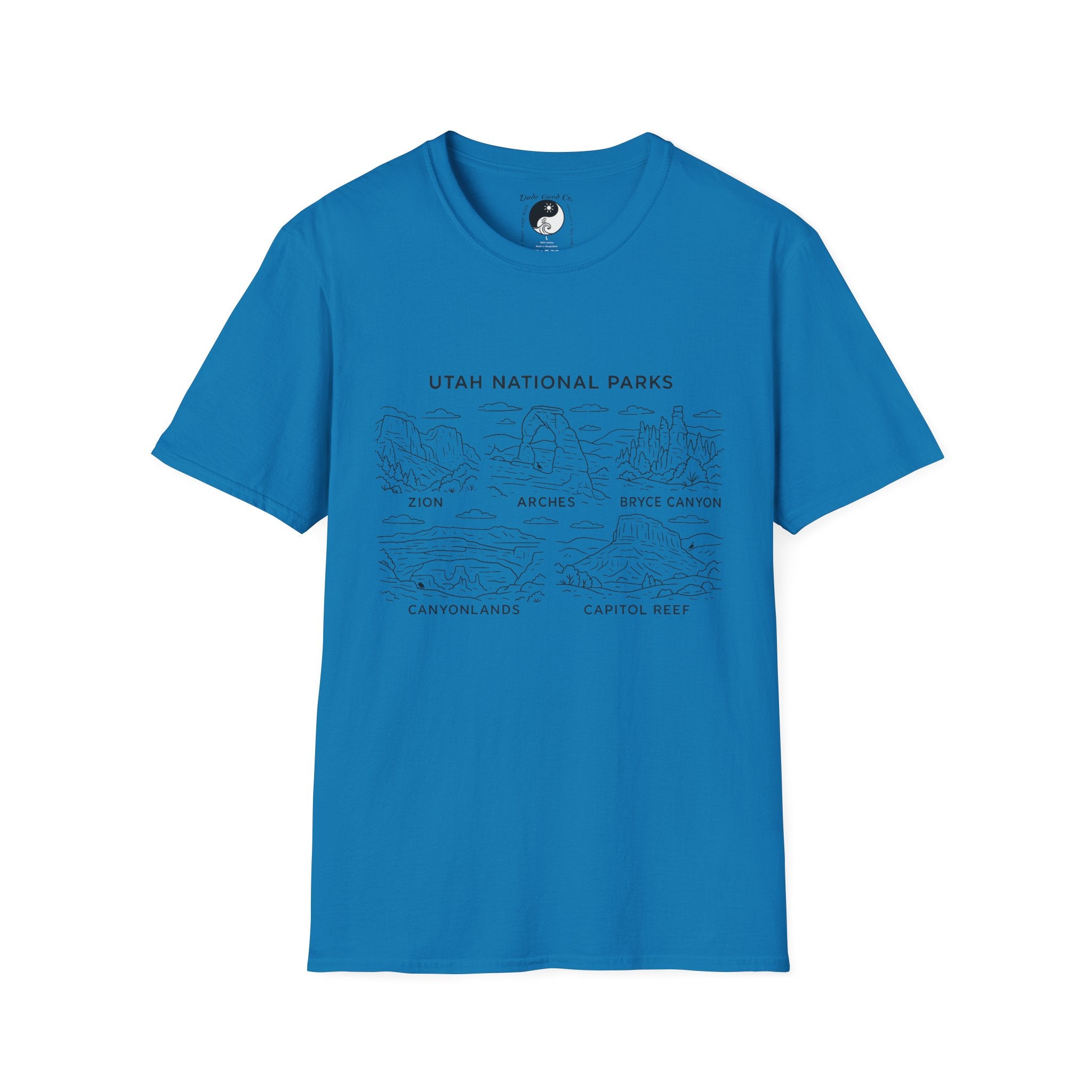 Utah Big 5 National Parks Tee--Teen/Adult Sizes S-5X:  Zion, Arches, Bryce Canyon, Canyonlands, Capitol Reef Line Art T-Shirt