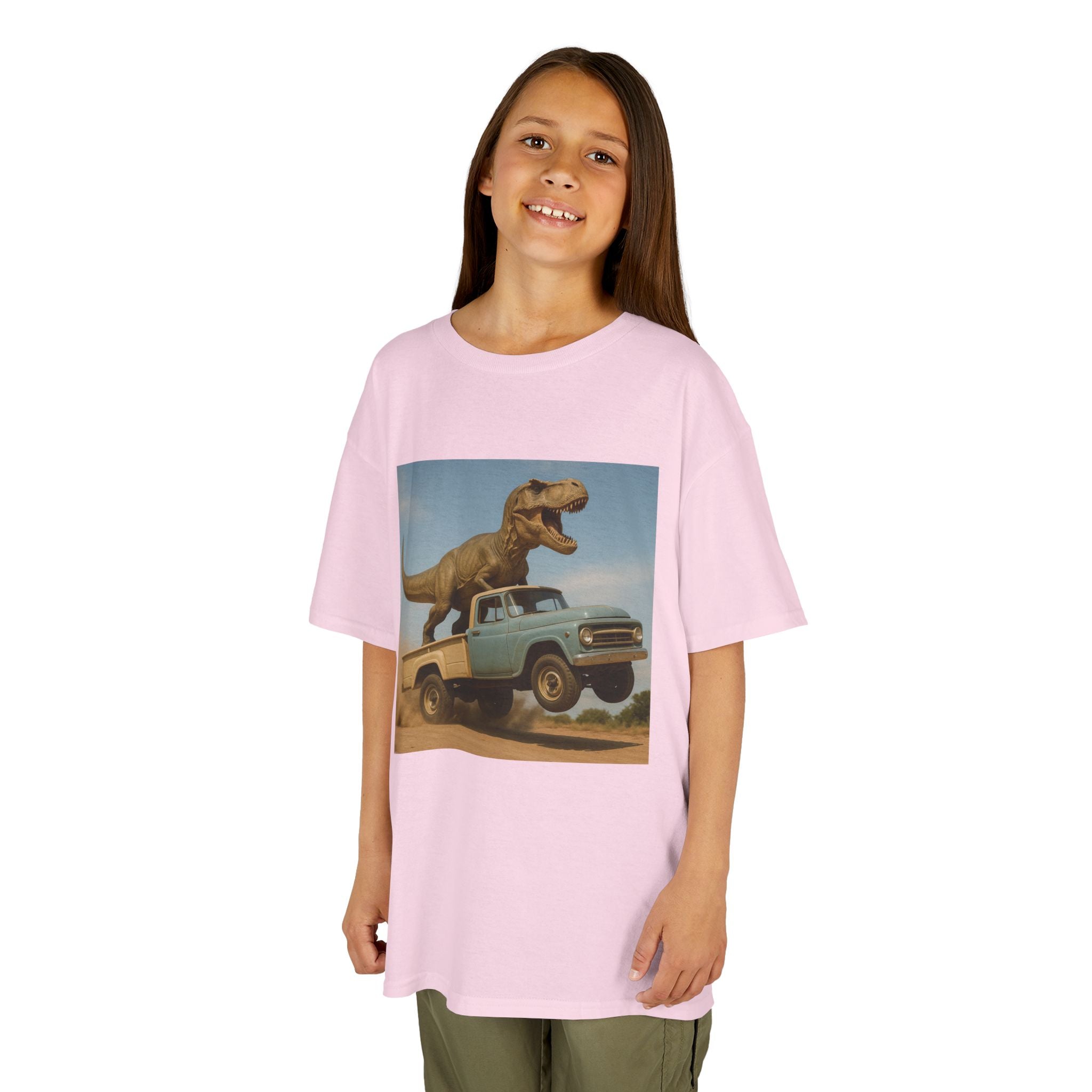 Kid's T-Rex Riding Vintage Pickup Adventure! Kid’s Dinosaur Truck T-shirt