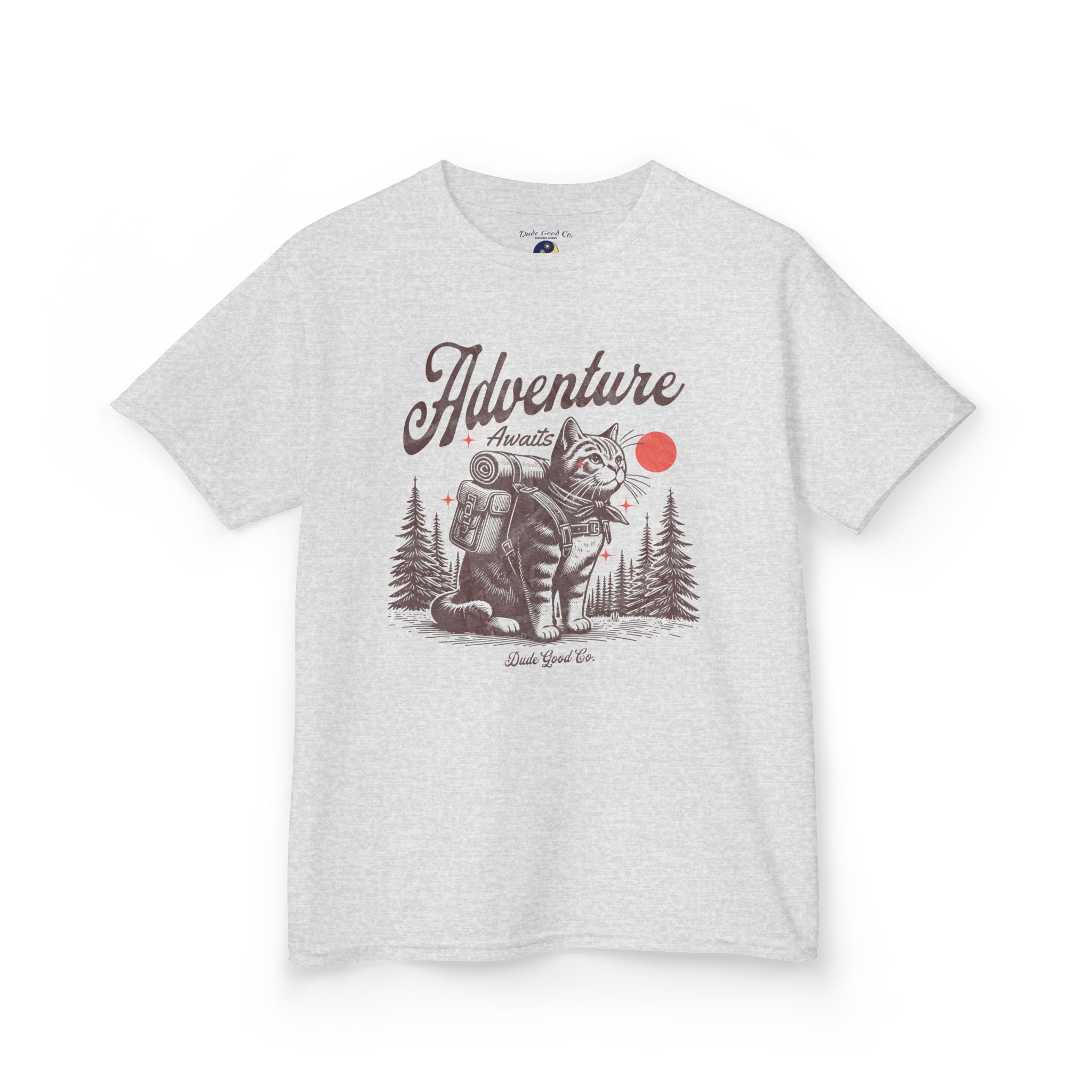 Cat Adventure Backpacking Tee — Fun 'Adventure Awaits' Cat Hiking Graphic T-shirt sizes 5-14