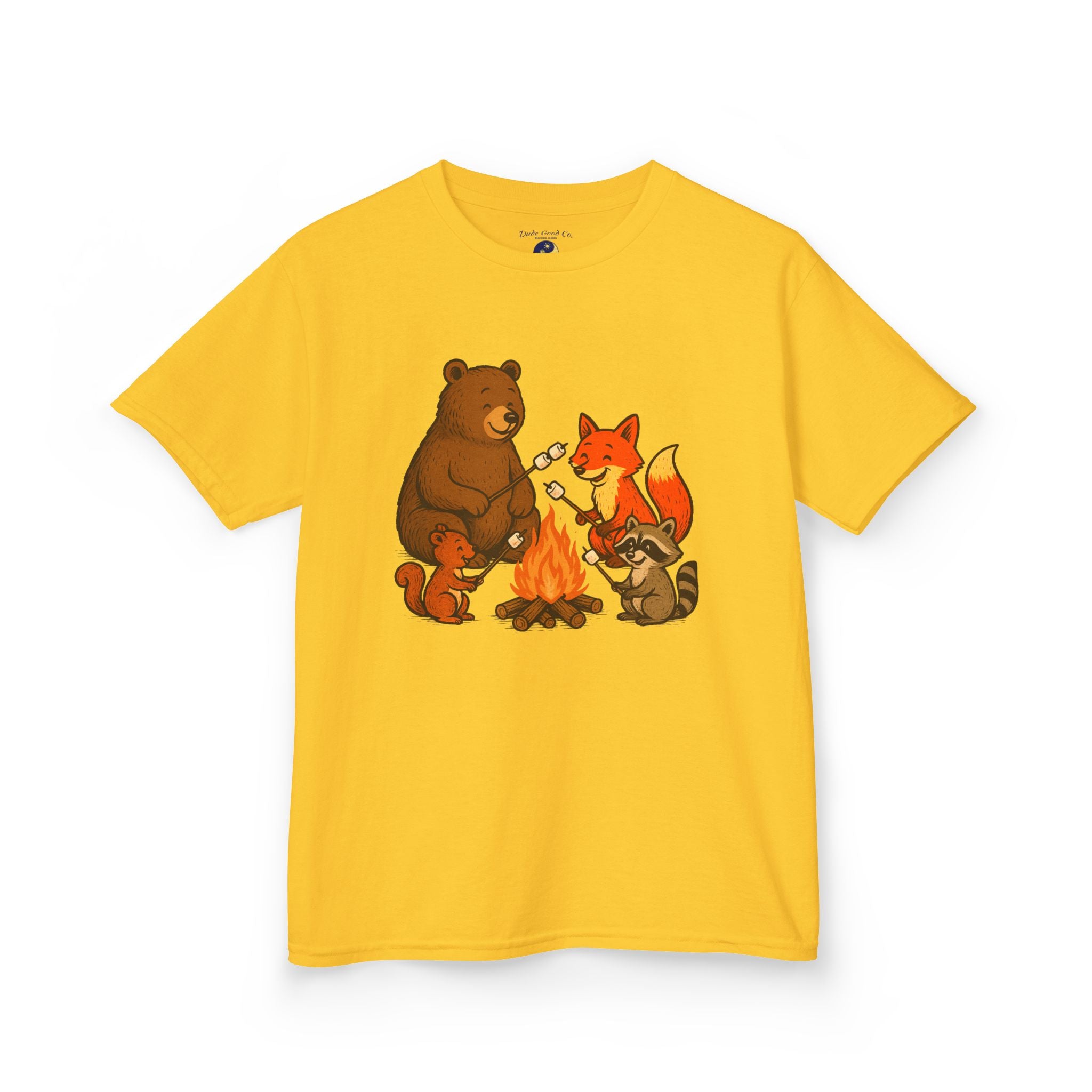 Campfire S’more Woodland Friends T-Shirt — Bear, Fox, Squirrel & Raccoon Roasting Marshmallows Graphic Tee (Sizes 5-14)