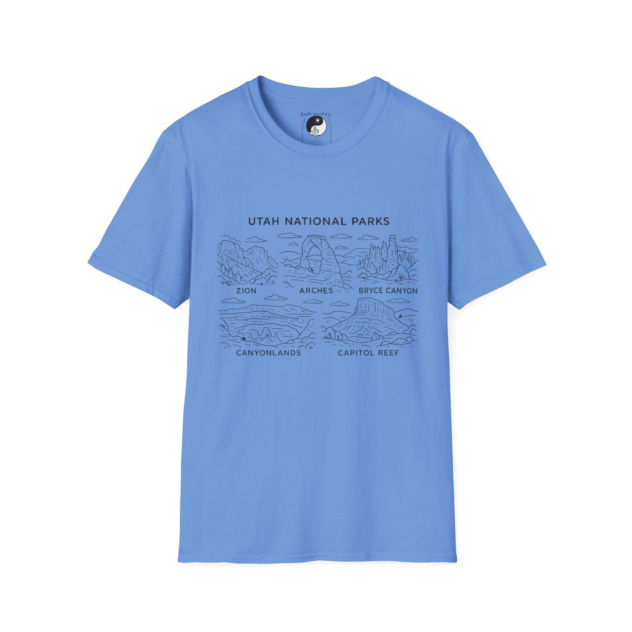 Utah Big 5 National Parks Tee--Teen/Adult Sizes S-5X:  Zion, Arches, Bryce Canyon, Canyonlands, Capitol Reef Line Art T-Shirt