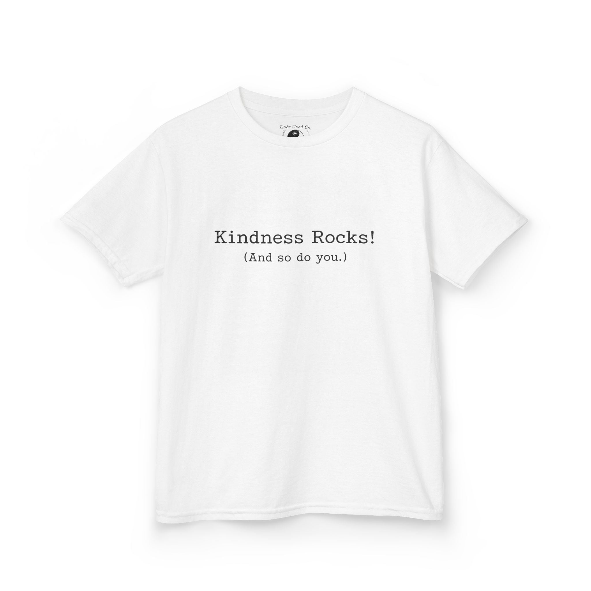 Kids Tee — Kindness Rocks! (And so do you.) — Vintage Typewriter Font Inspirational Children's T‑Shirt