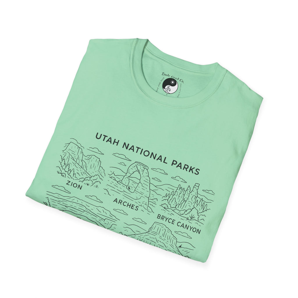 Utah Big 5 National Parks Tee--Teen/Adult Sizes S-5X:  Zion, Arches, Bryce Canyon, Canyonlands, Capitol Reef Line Art T-Shirt