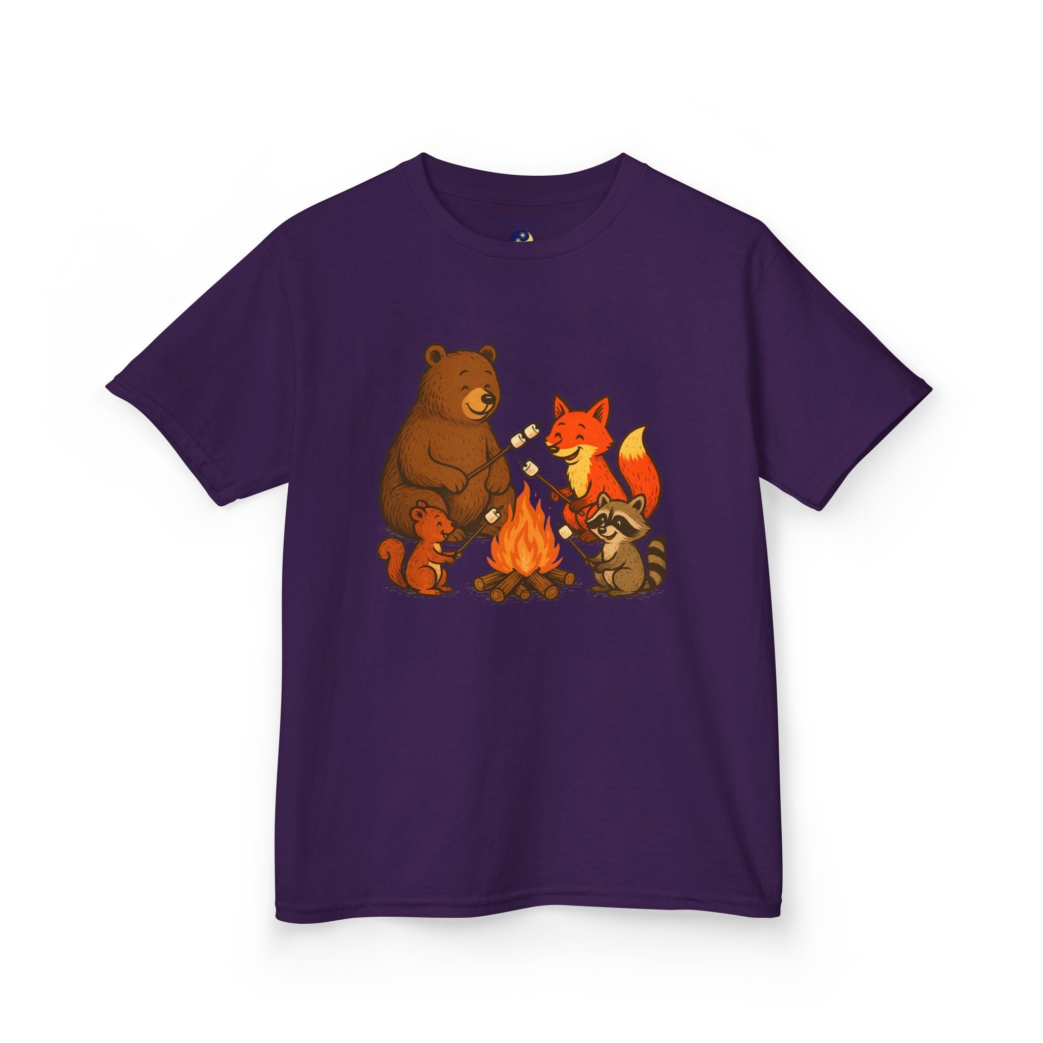 Campfire S’more Woodland Friends T-Shirt — Bear, Fox, Squirrel & Raccoon Roasting Marshmallows Graphic Tee (Sizes 5-14)
