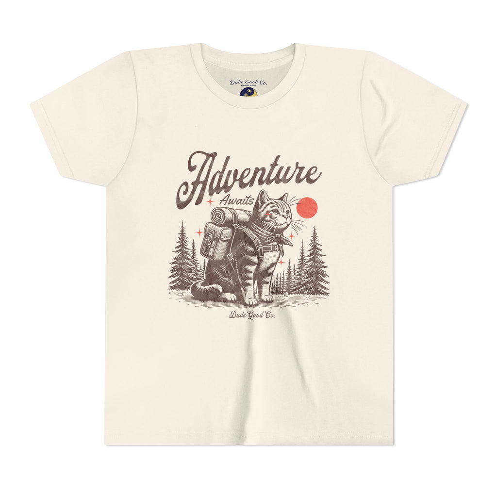 Youth Adventure Cat Tee— Adventure Awaits Graphic Kid's Shirt—Boy & Teens 5-14