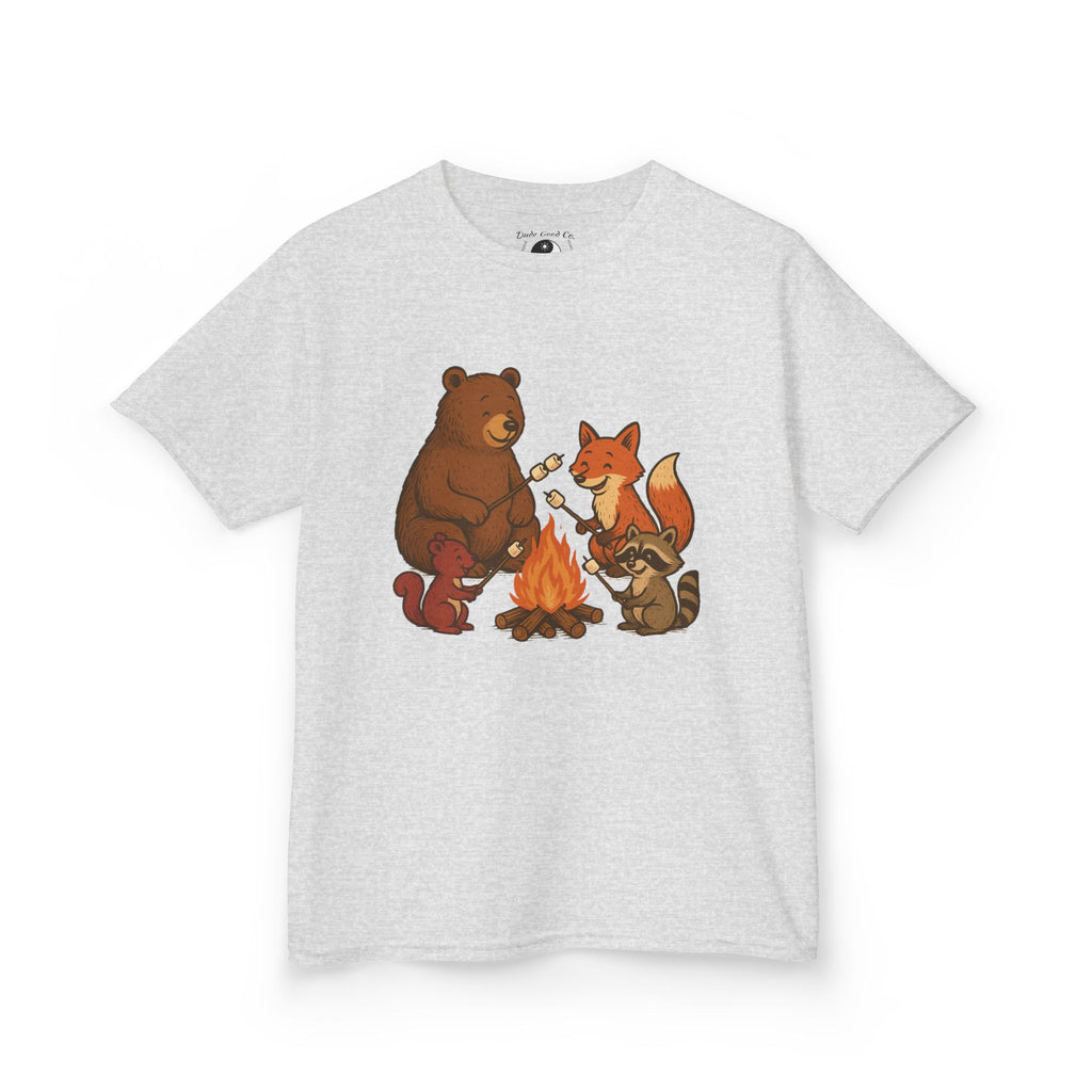 Kids Campfire S'more Woodland Friends T-Shirt — Bear, Fox, Squirrel & Raccoon Roasting Marshmallows Graphic Tee