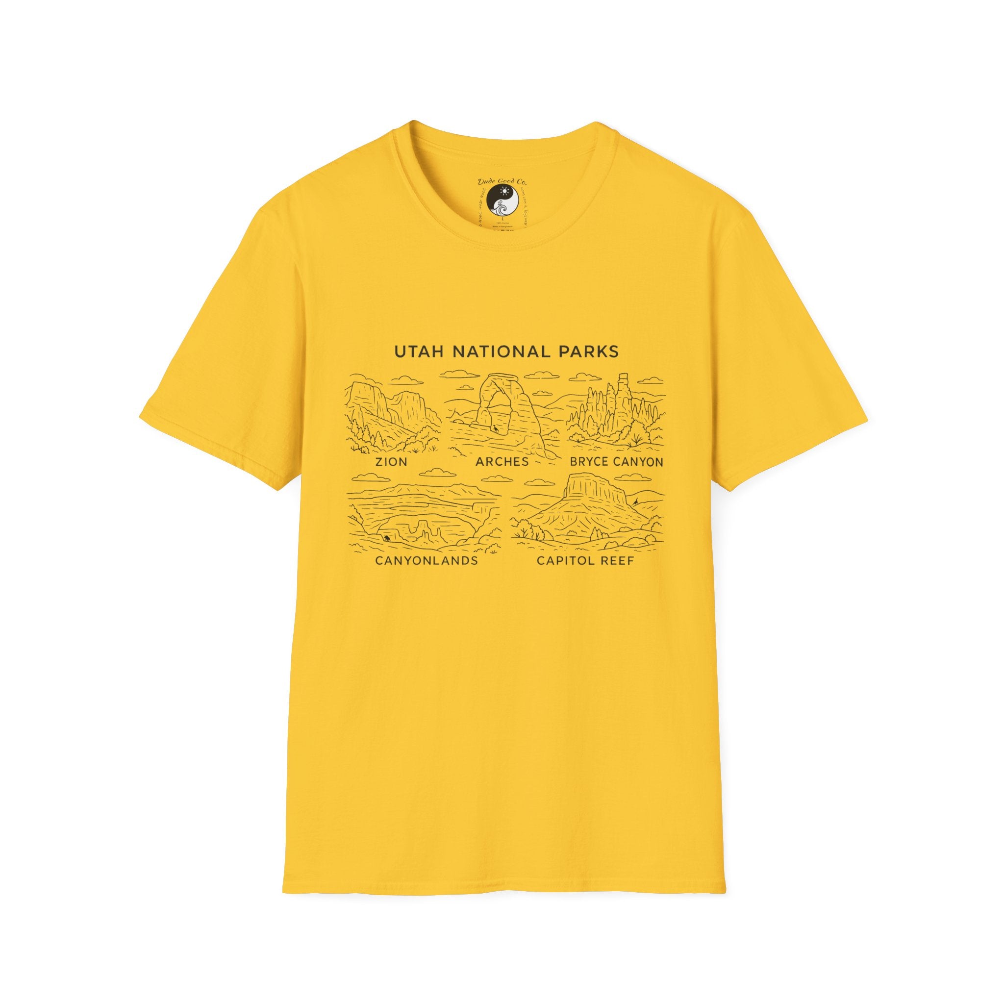 Utah Big 5 National Parks Tee--Teen/Adult Sizes S-5X:  Zion, Arches, Bryce Canyon, Canyonlands, Capitol Reef Line Art T-Shirt