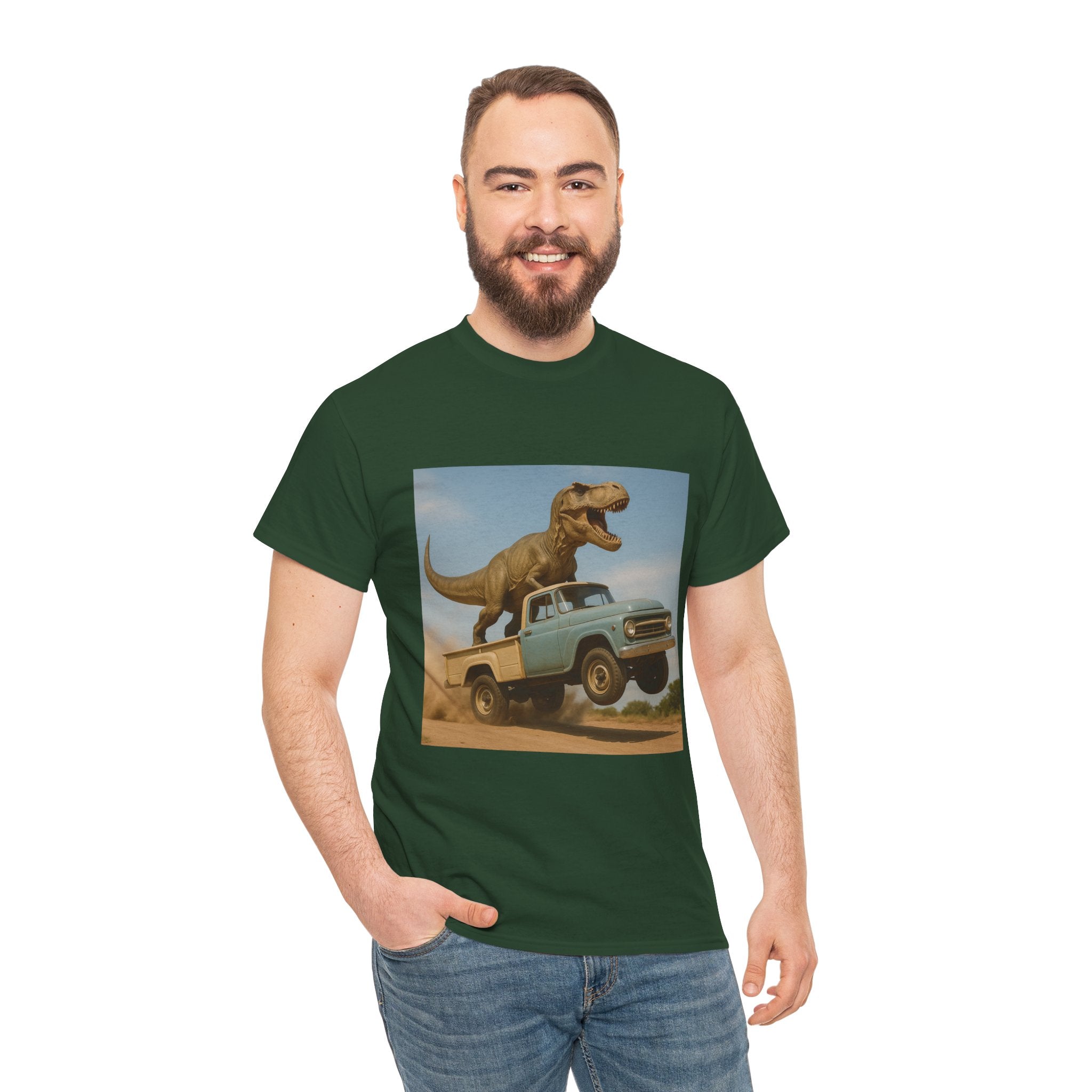 T-Rex Dinosaur Retro Truck Dinosaur  Adventure T‑Shirt—17 Colors—Mens/Older Teen Boy