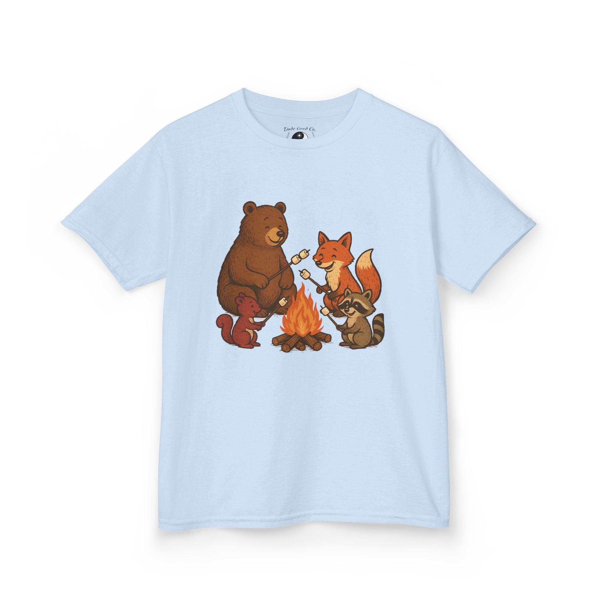 Kids Campfire S'more Woodland Friends T-Shirt — Bear, Fox, Squirrel & Raccoon Roasting Marshmallows Graphic Tee