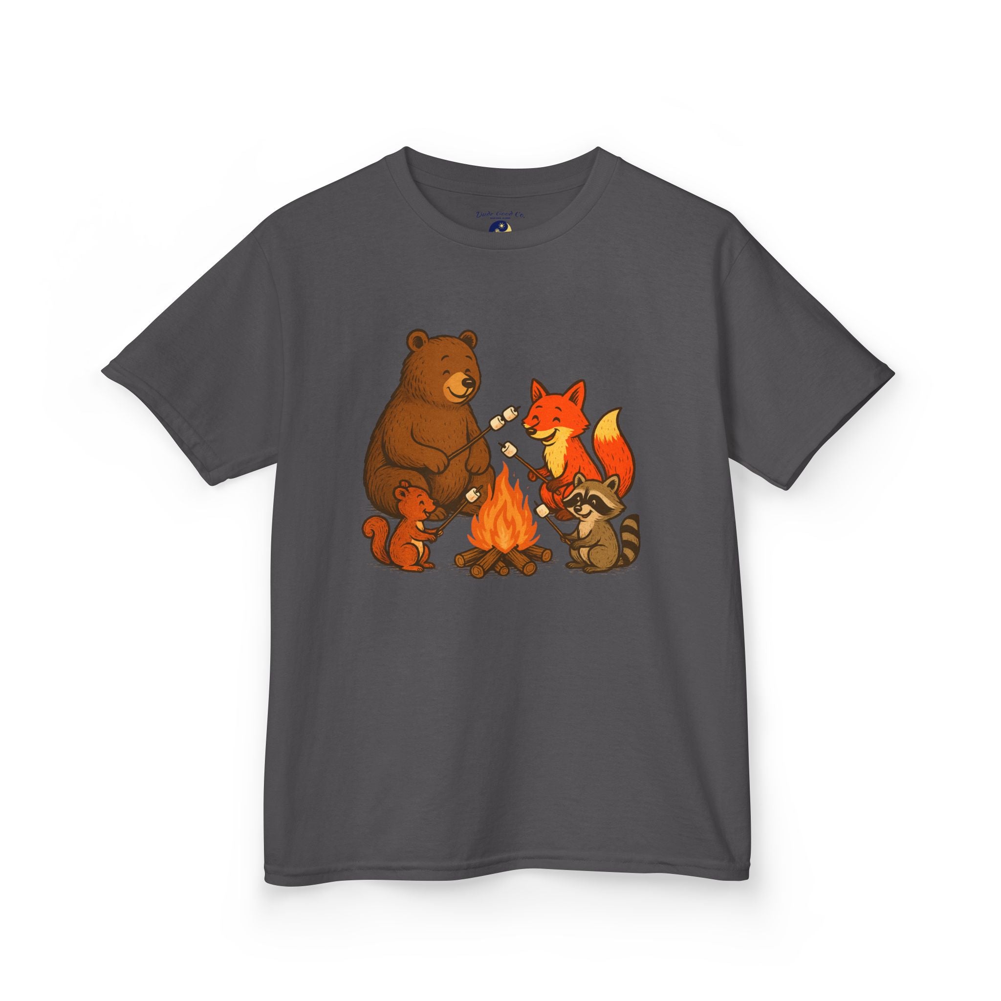 Campfire S’more Woodland Friends T-Shirt — Bear, Fox, Squirrel & Raccoon Roasting Marshmallows Graphic Tee (Sizes 5-14)