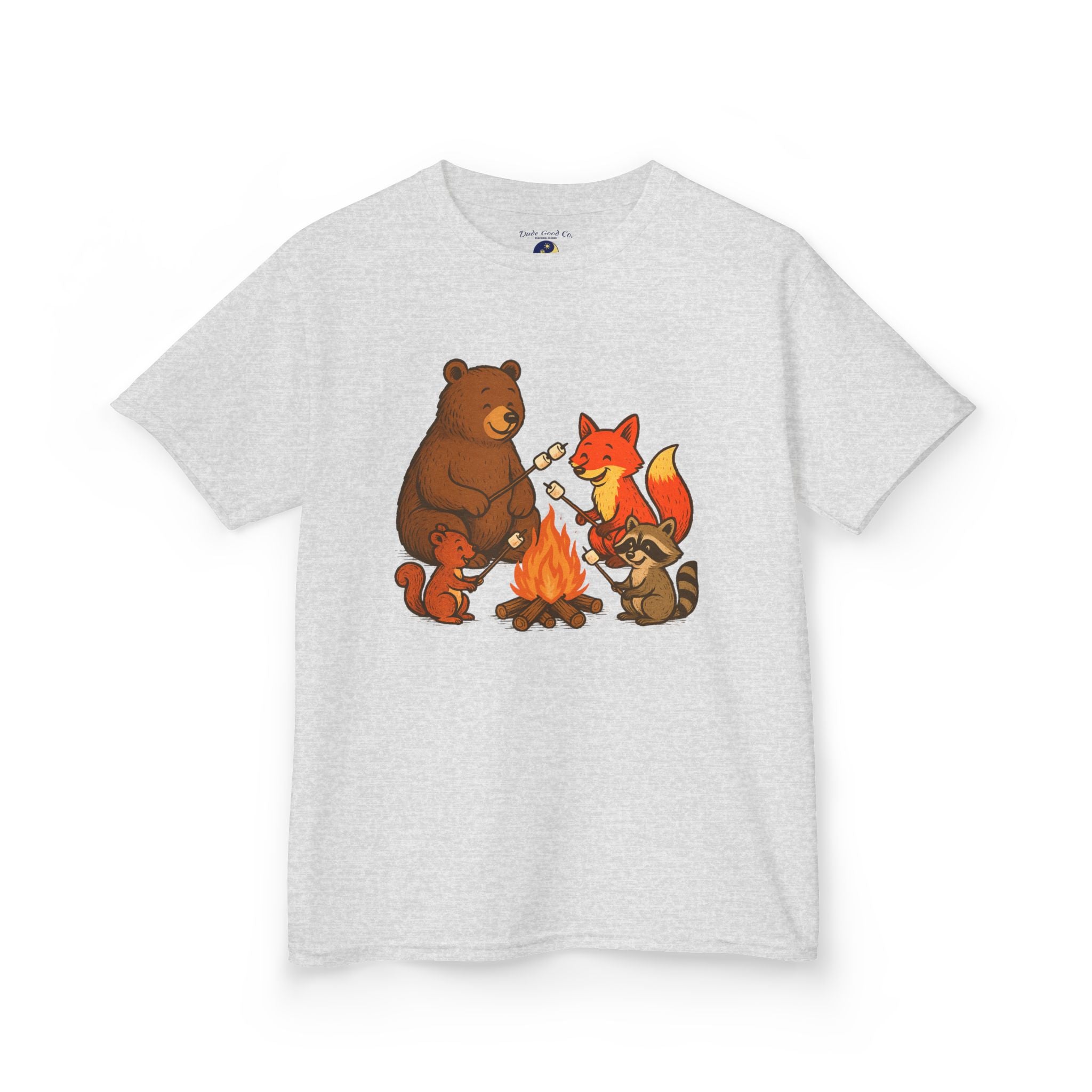 Campfire S’more Woodland Friends T-Shirt — Bear, Fox, Squirrel & Raccoon Roasting Marshmallows Graphic Tee (Sizes 5-14)