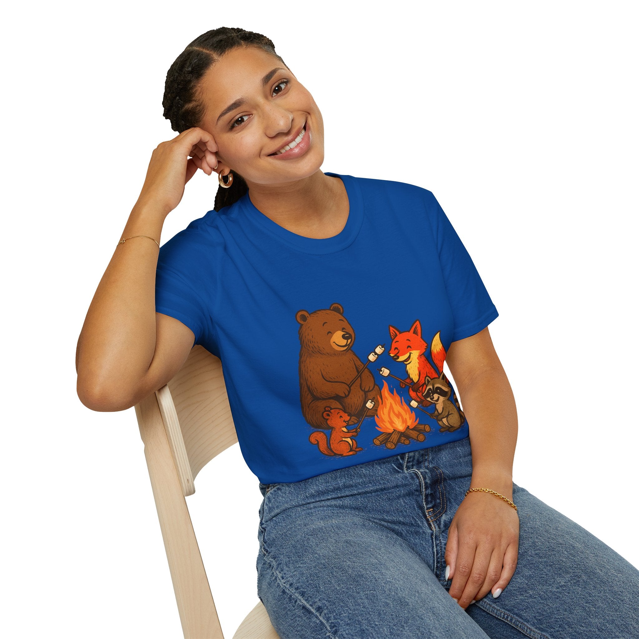 Campfire S'more Woodland Friends T-Shirt — Bear, Fox, Squirrel & Raccoon Roasting Marshmallows Graphic Tee—Mens/Older Teen Boy