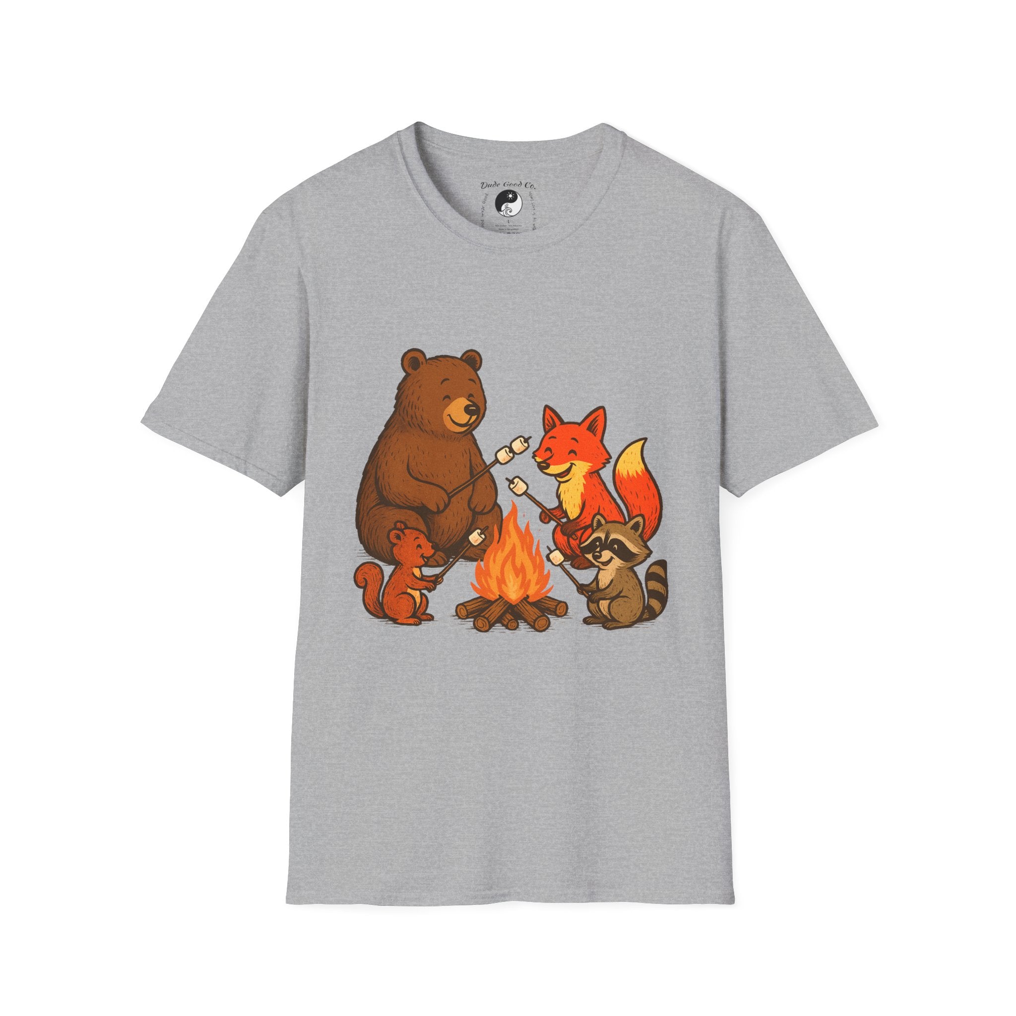 Campfire S'more Woodland Friends T-Shirt — Teens & Adults— Bear, Fox, Squirrel & Raccoon Roasting Marshmallows Graphic Tee
