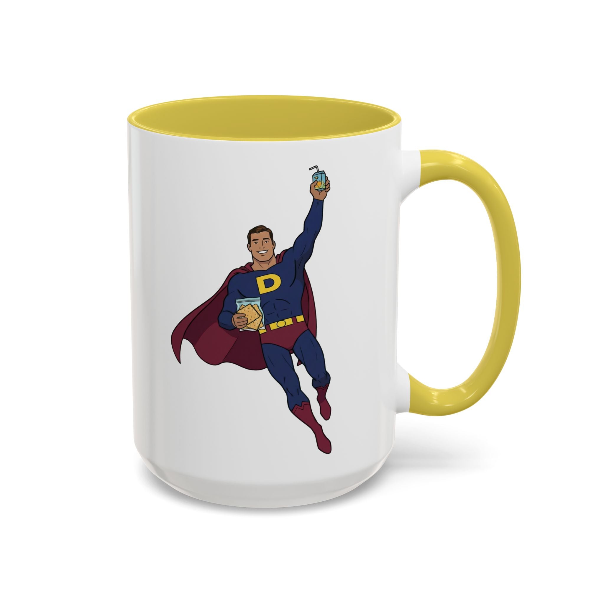 Real Super Heros Bring Snacks! Super D Hot Chocolate/Coffee Mug: 12 Colors 11oz/15oz Ceramic Mug, Superhero Dude, Dad or D initial "D"