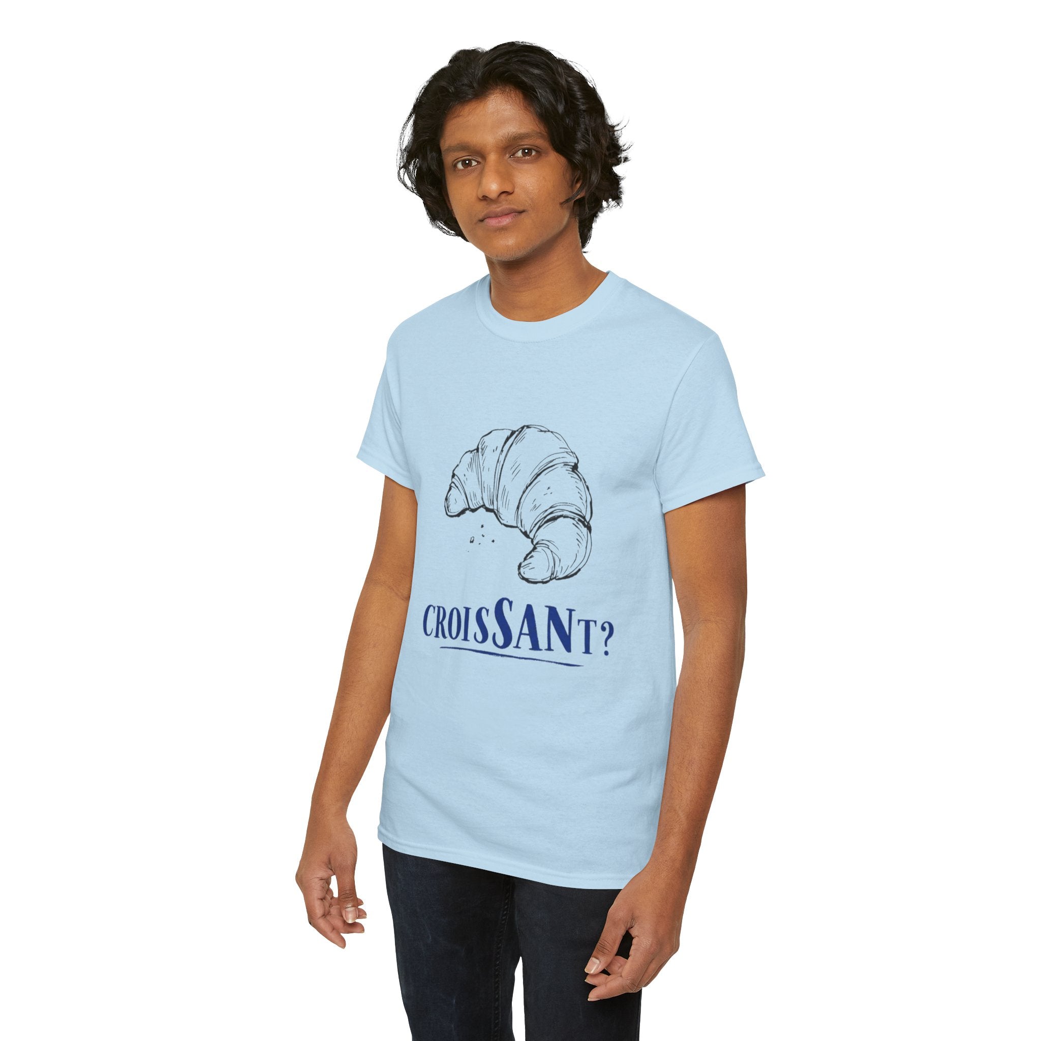 CroisSANt? Croissant Pun Graphic Tee – Funny French Bakery Gift Shirt for Adults & Teens 14 15 16 17 18 & up