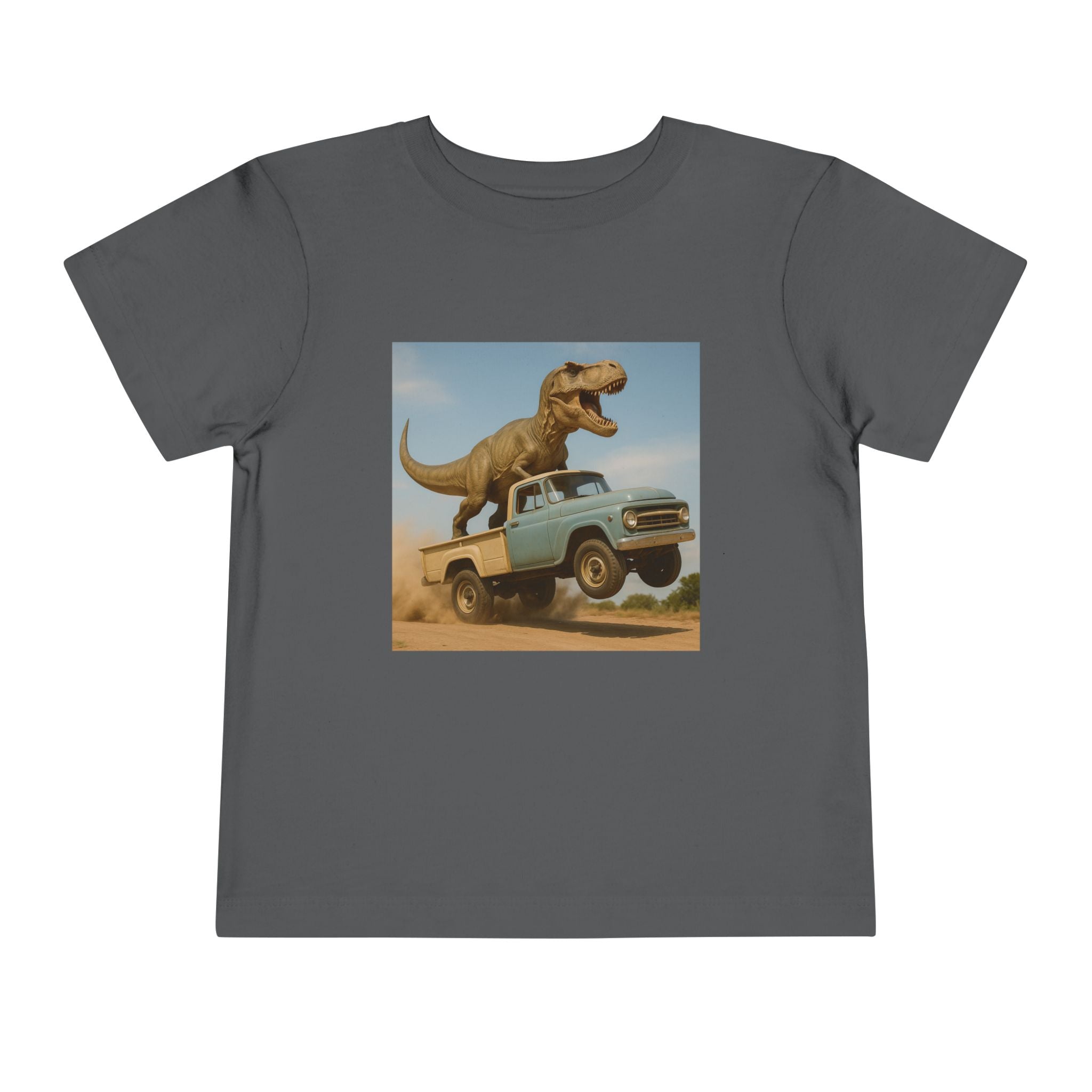 2T-5T T-Rex Riding Vintage Pickup Adventure T-shirt— Dino Imagination Graphic Shirt