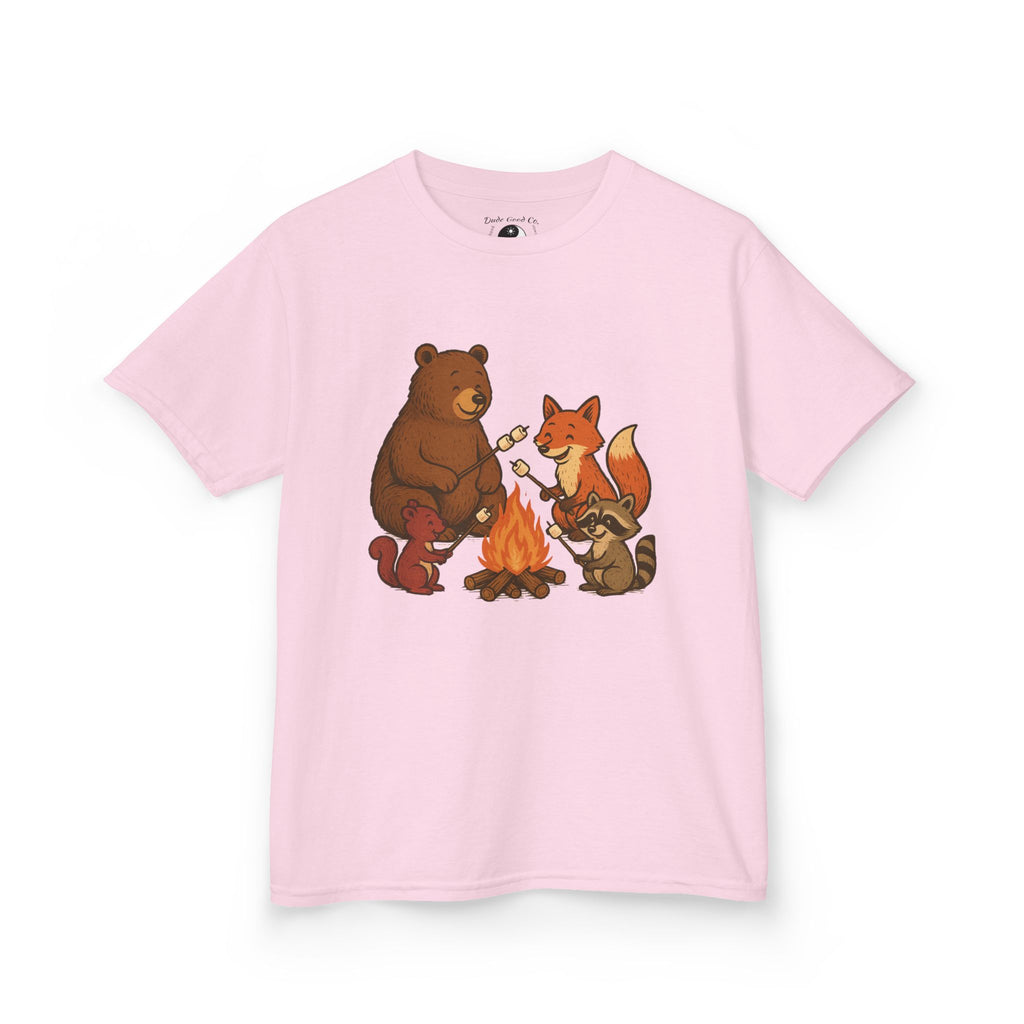 Kids Campfire S'more Woodland Friends T-Shirt — Bear, Fox, Squirrel & Raccoon Roasting Marshmallows Graphic Tee