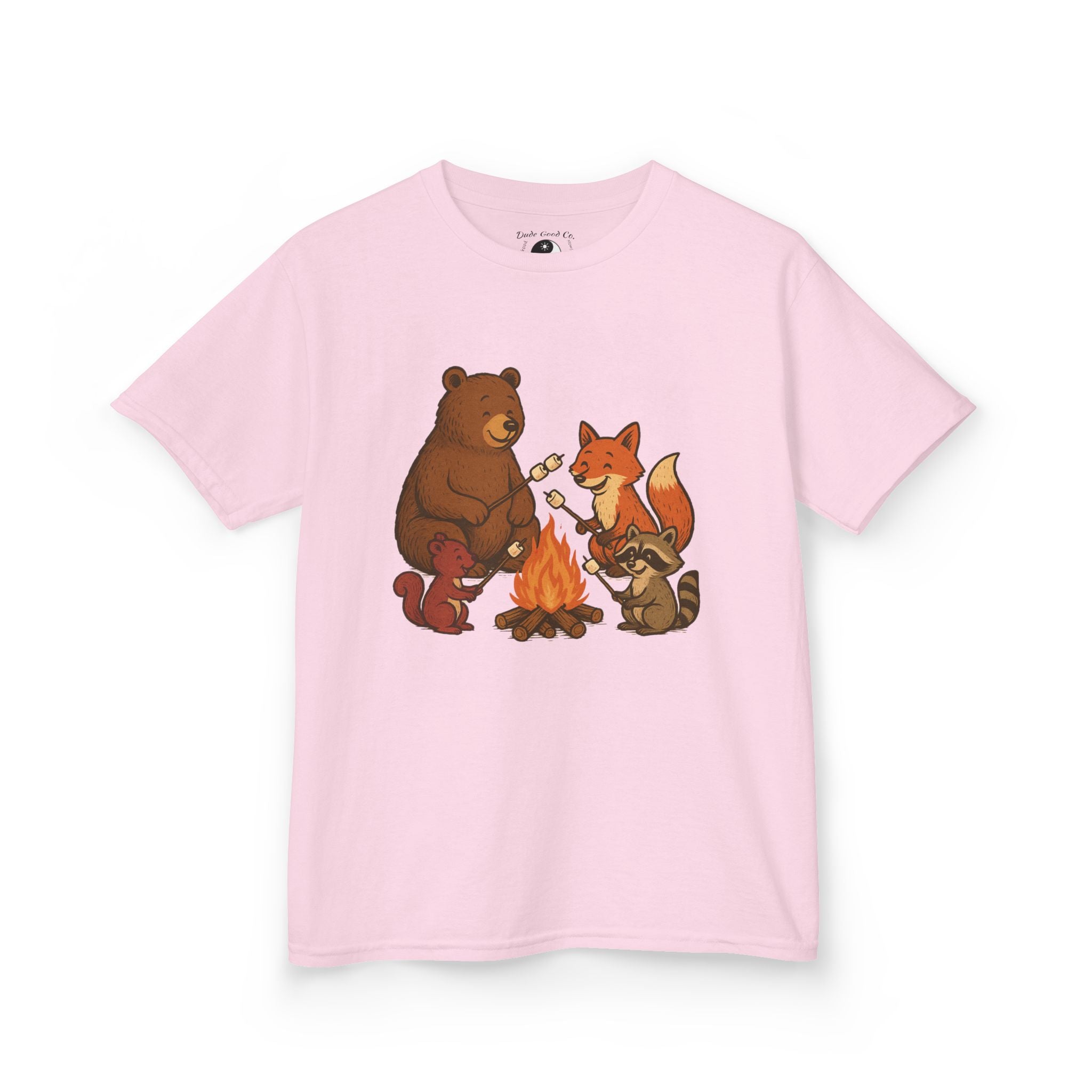 Kids Campfire S'more Woodland Friends T-Shirt — Bear, Fox, Squirrel & Raccoon Roasting Marshmallows Graphic Tee