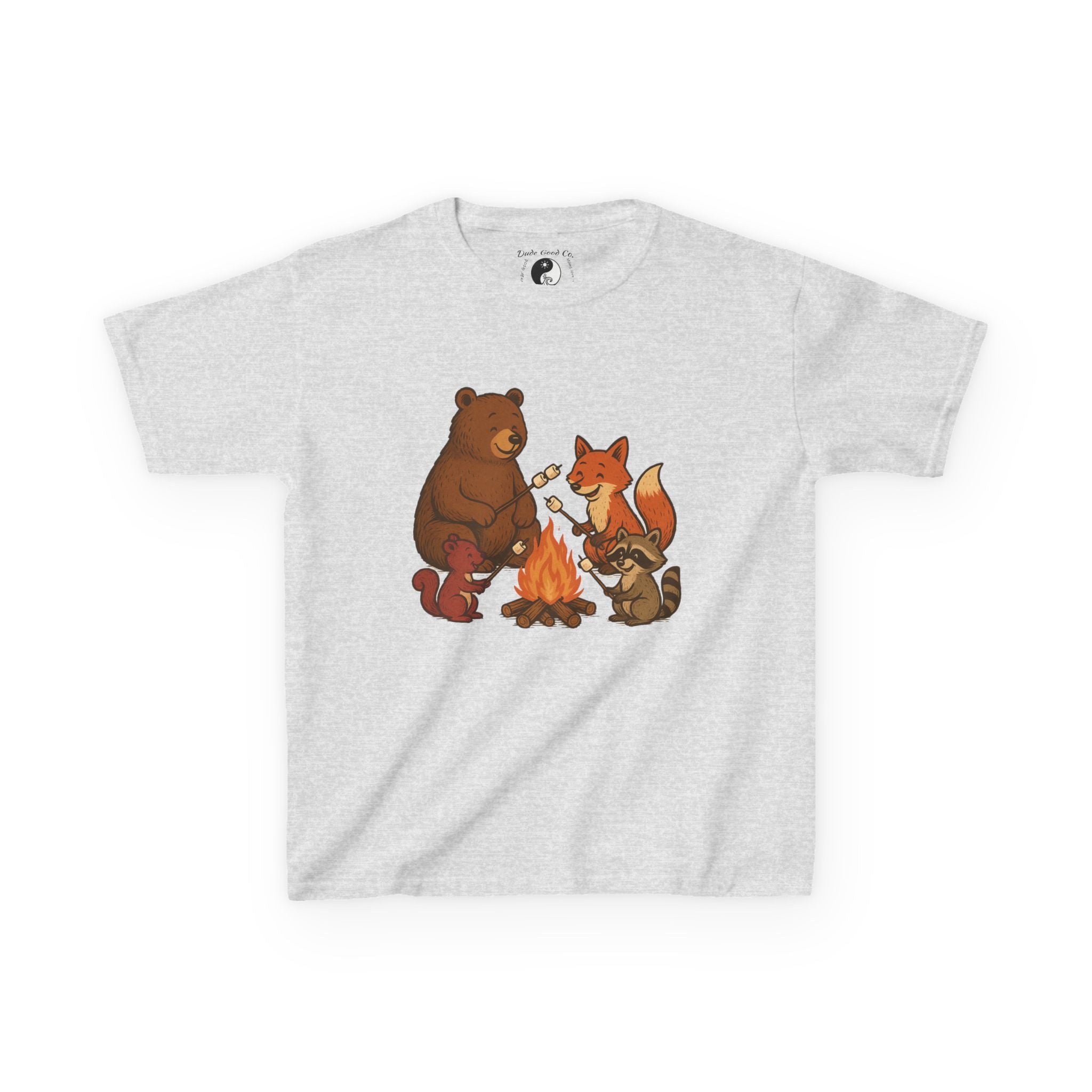 Kids Campfire S'more Woodland Friends T-Shirt — Bear, Fox, Squirrel & Raccoon Roasting Marshmallows Graphic Tee