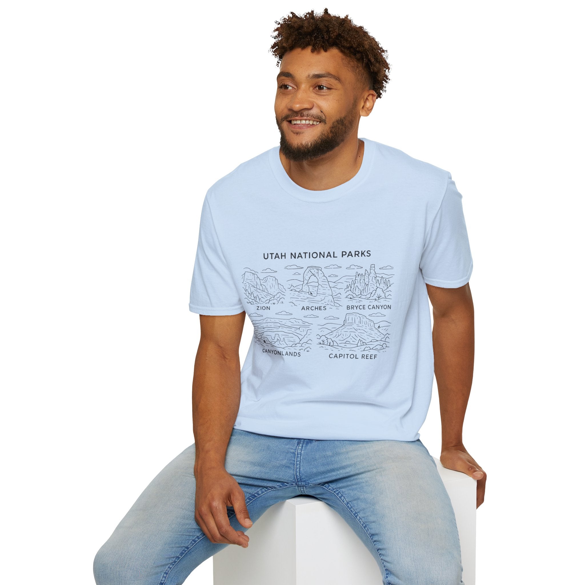 Utah Big 5 National Parks Tee--Teen/Adult Sizes S-5X:  Zion, Arches, Bryce Canyon, Canyonlands, Capitol Reef Line Art T-Shirt