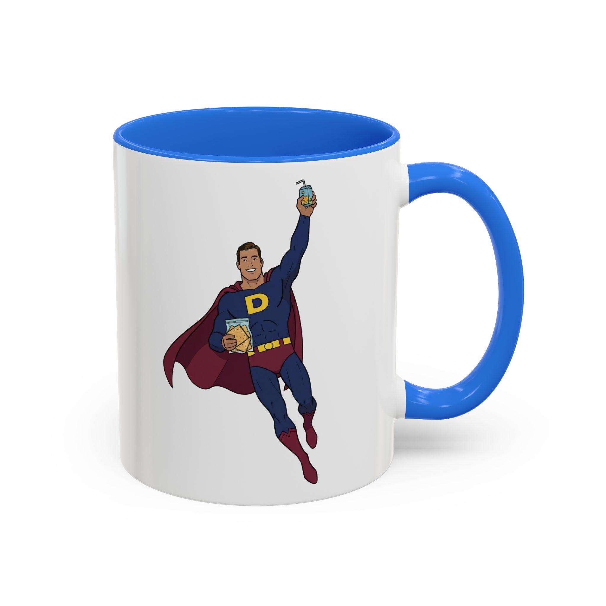 Real Super Heros Bring Snacks! Super D Hot Chocolate/Coffee Mug: 12 Colors 11oz/15oz Ceramic Mug, Superhero Dude, Dad or D initial "D"