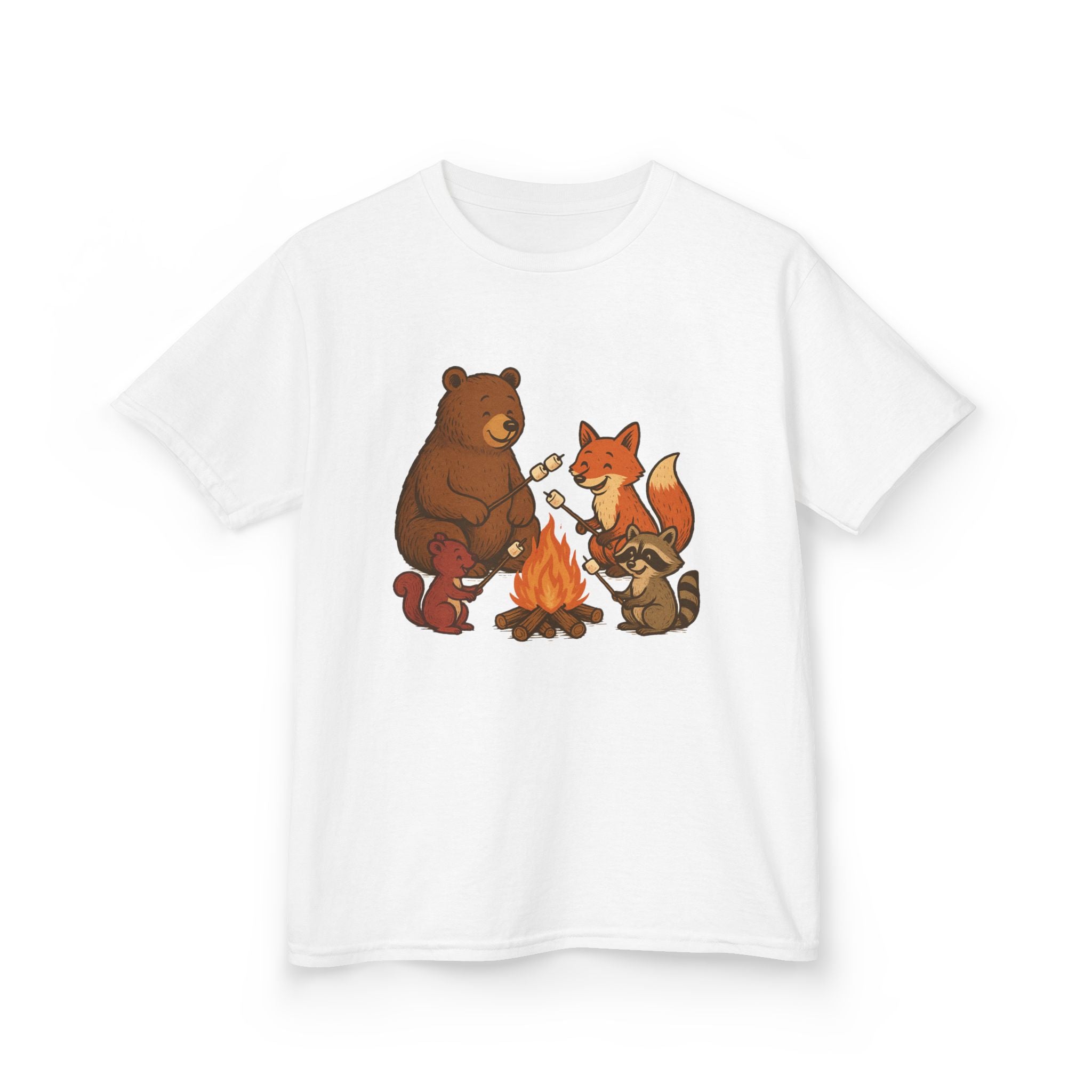 Campfire S’more Woodland Friends T-Shirt — Bear, Fox, Squirrel & Raccoon Roasting Marshmallows Graphic Tee (Sizes 5-14)