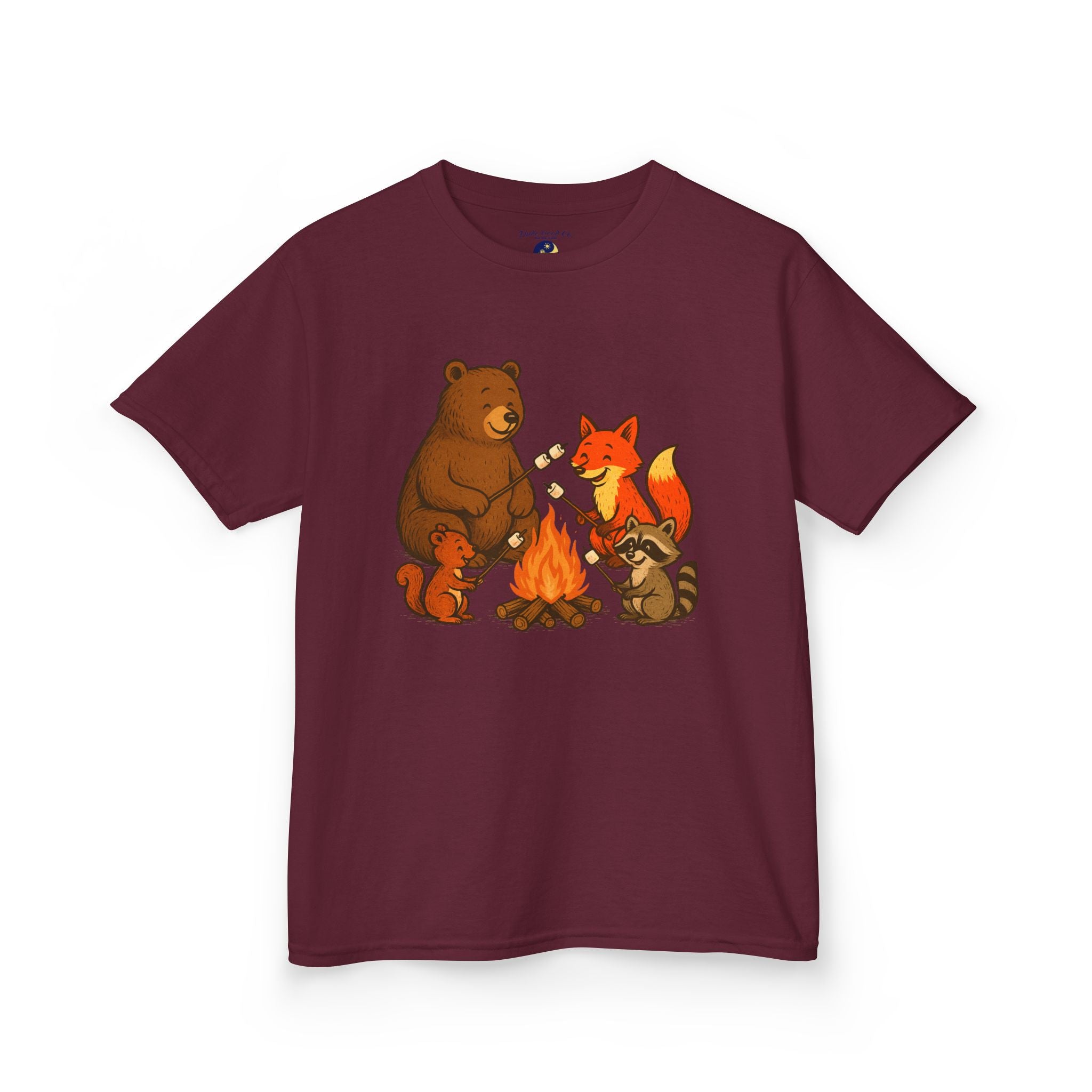 Campfire S’more Woodland Friends T-Shirt — Bear, Fox, Squirrel & Raccoon Roasting Marshmallows Graphic Tee (Sizes 5-14)