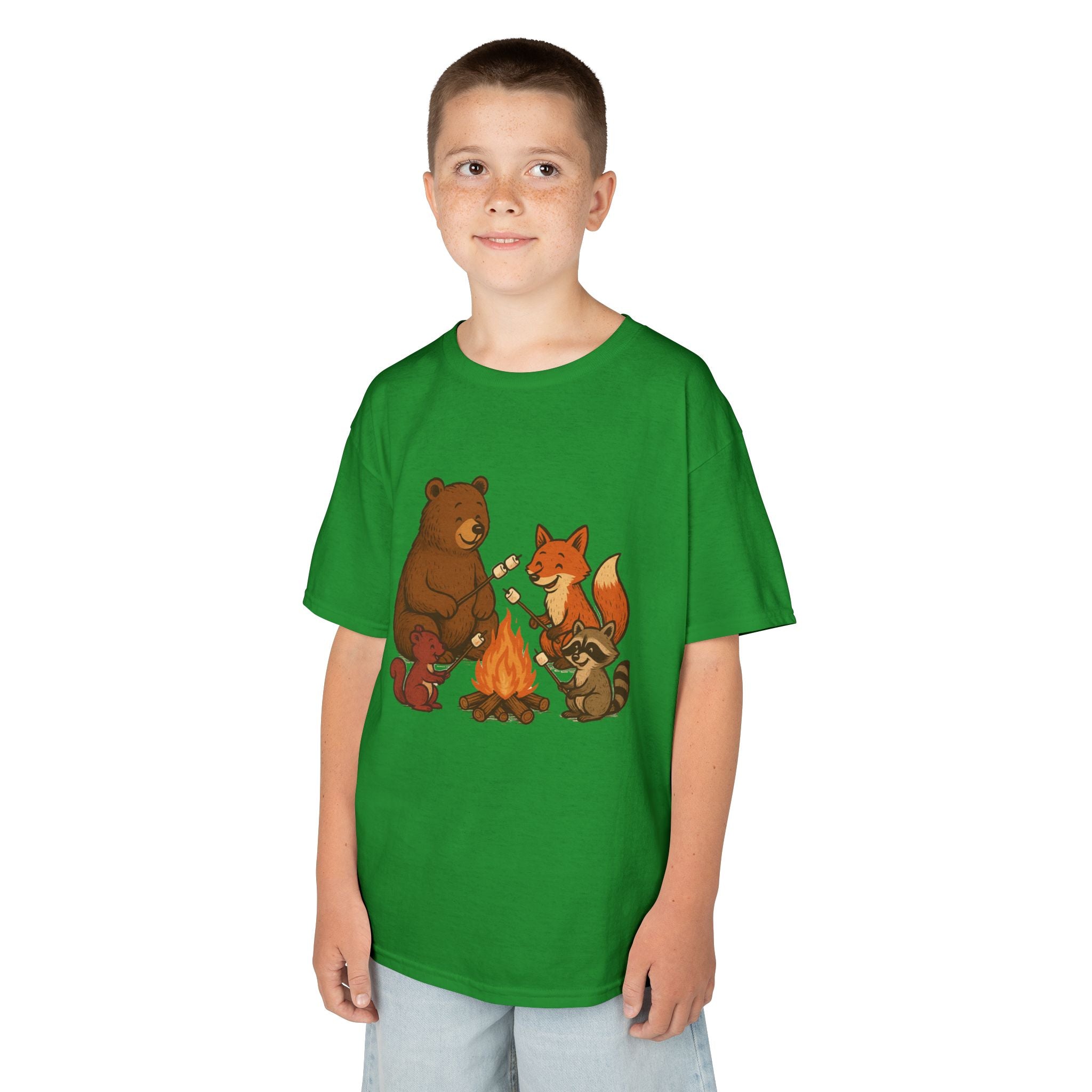 Kids Campfire S'more Woodland Friends T-Shirt — Bear, Fox, Squirrel & Raccoon Roasting Marshmallows Graphic Tee