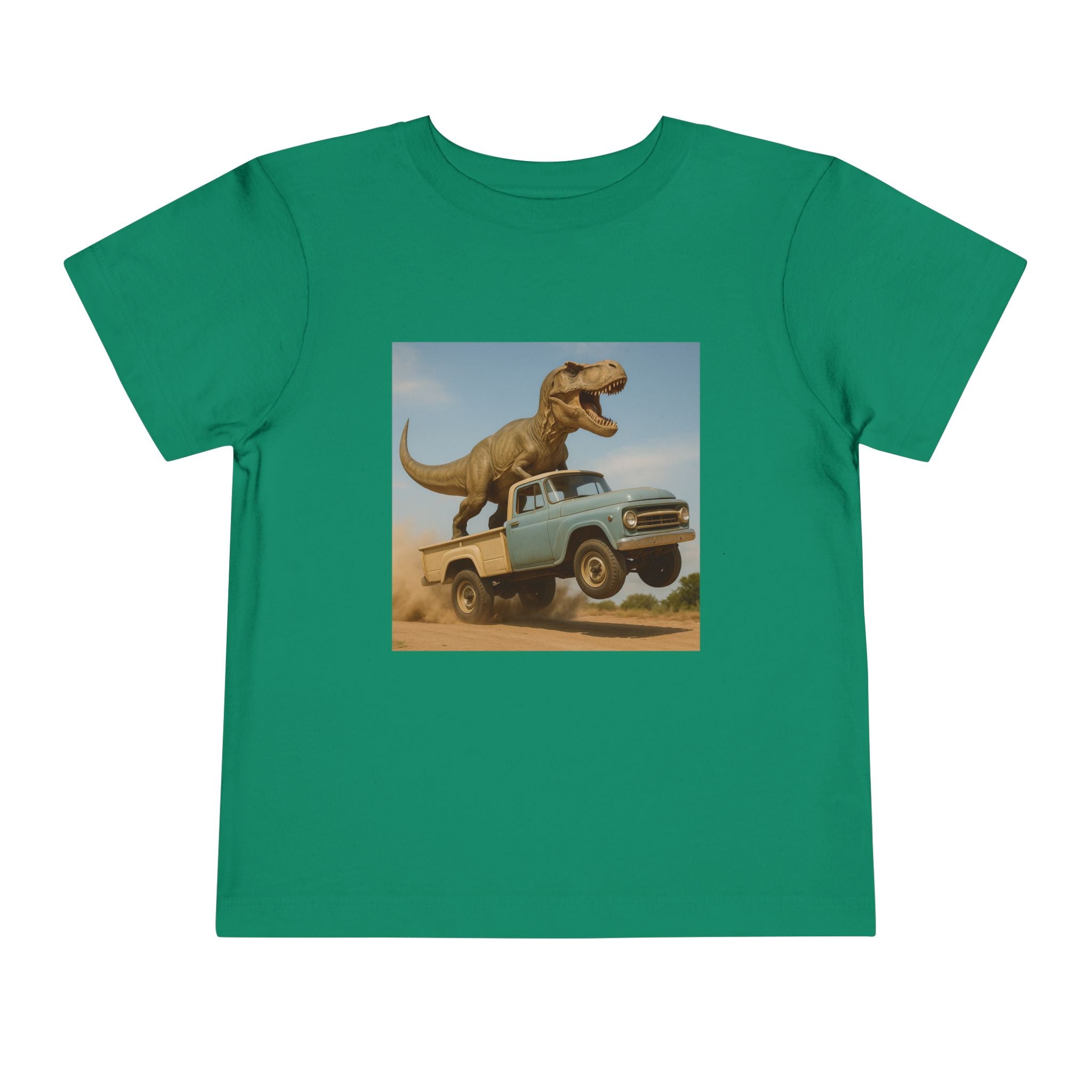 2T-5T T-Rex Riding Vintage Pickup Adventure T-shirt— Dino Imagination Graphic Shirt