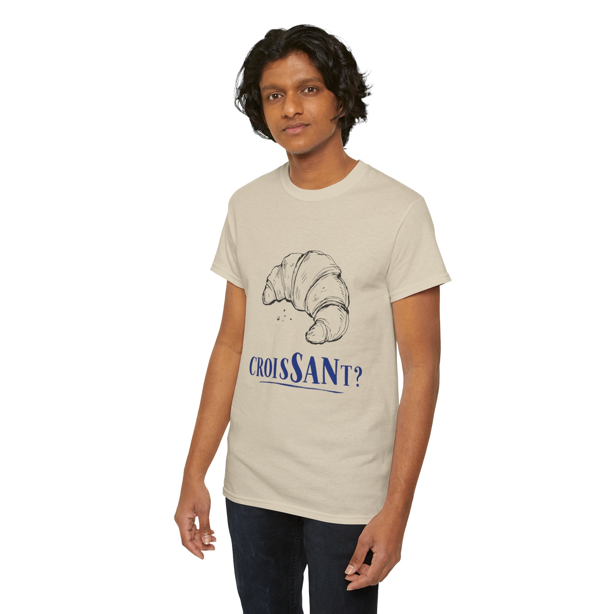CroisSANt? Croissant Pun Graphic Tee – Funny French Bakery Gift Shirt for Adults & Teens 14 15 16 17 18 & up