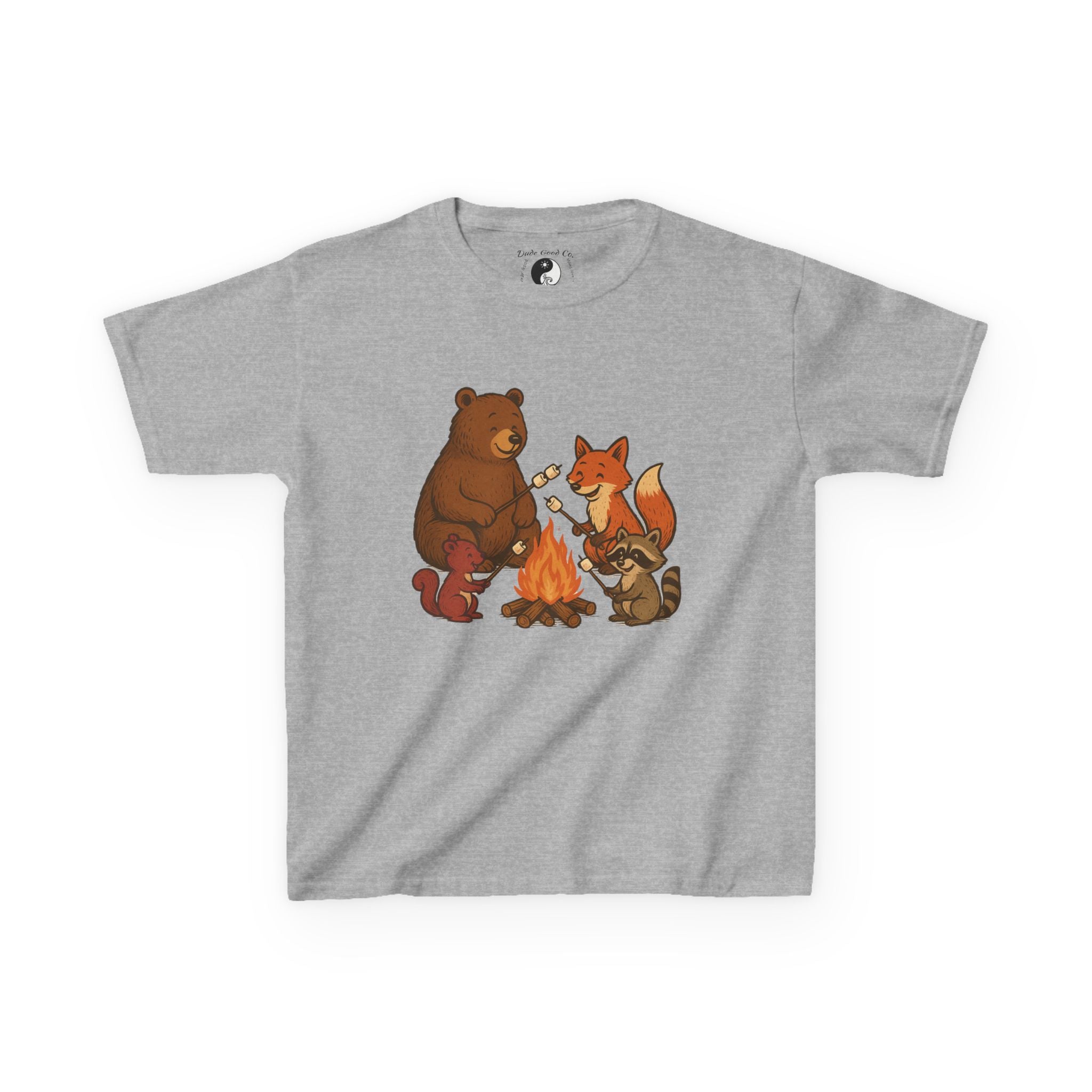 Kids Campfire S'more Woodland Friends T-Shirt — Bear, Fox, Squirrel & Raccoon Roasting Marshmallows Graphic Tee