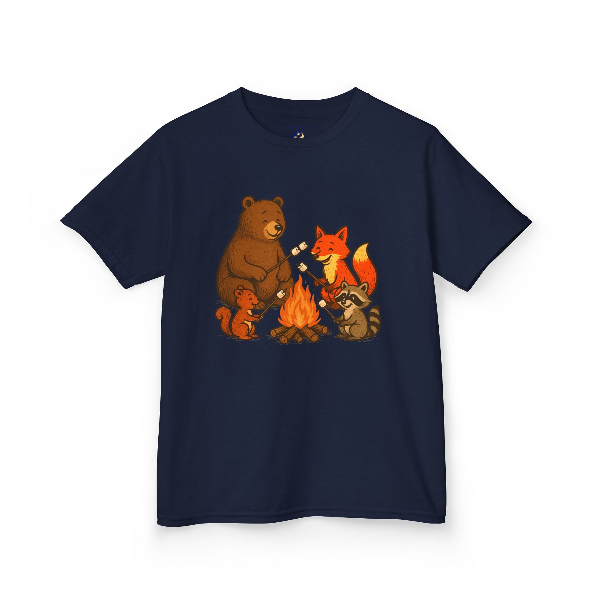 Campfire S’more Woodland Friends T-Shirt — Bear, Fox, Squirrel & Raccoon Roasting Marshmallows Graphic Tee (Sizes 5-14)