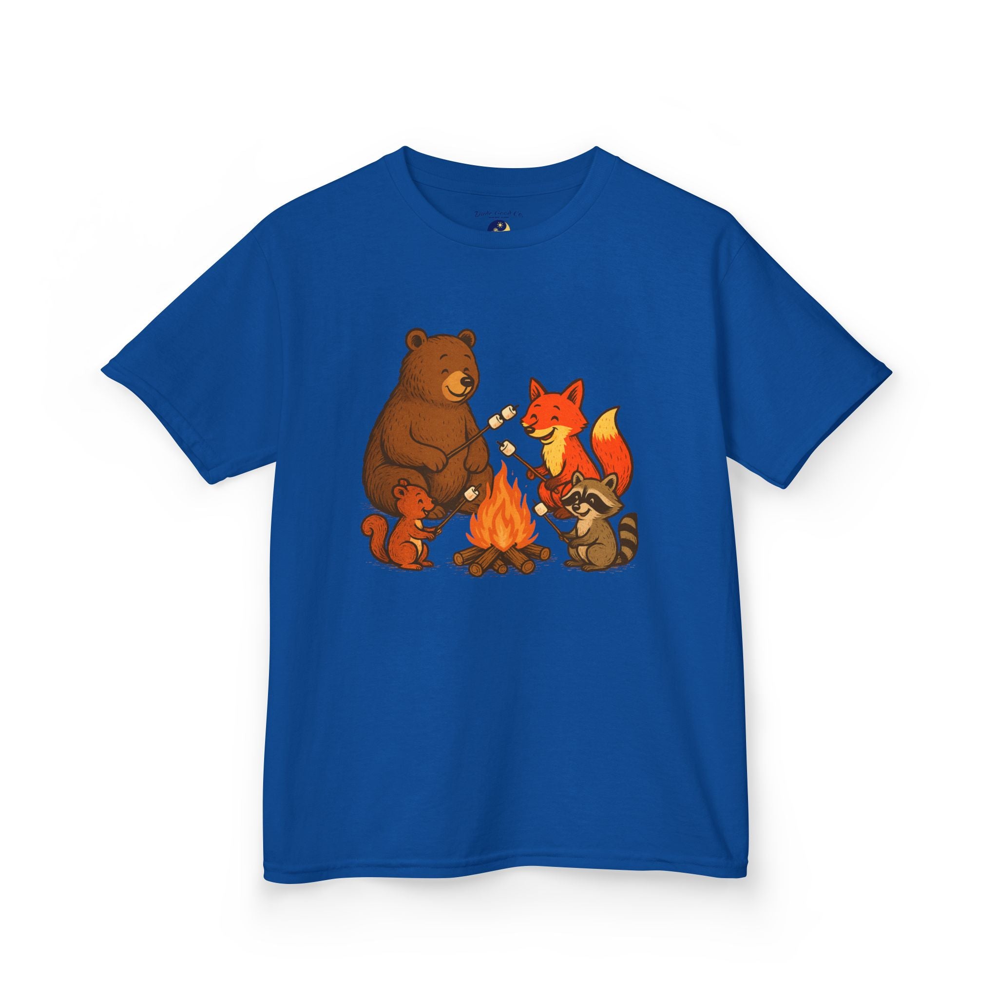 Campfire S’more Woodland Friends T-Shirt — Bear, Fox, Squirrel & Raccoon Roasting Marshmallows Graphic Tee (Sizes 5-14)