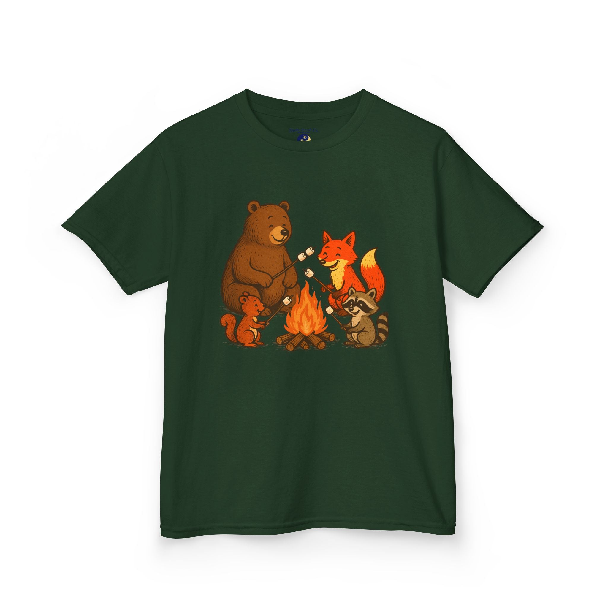 Campfire S’more Woodland Friends T-Shirt — Bear, Fox, Squirrel & Raccoon Roasting Marshmallows Graphic Tee (Sizes 5-14)
