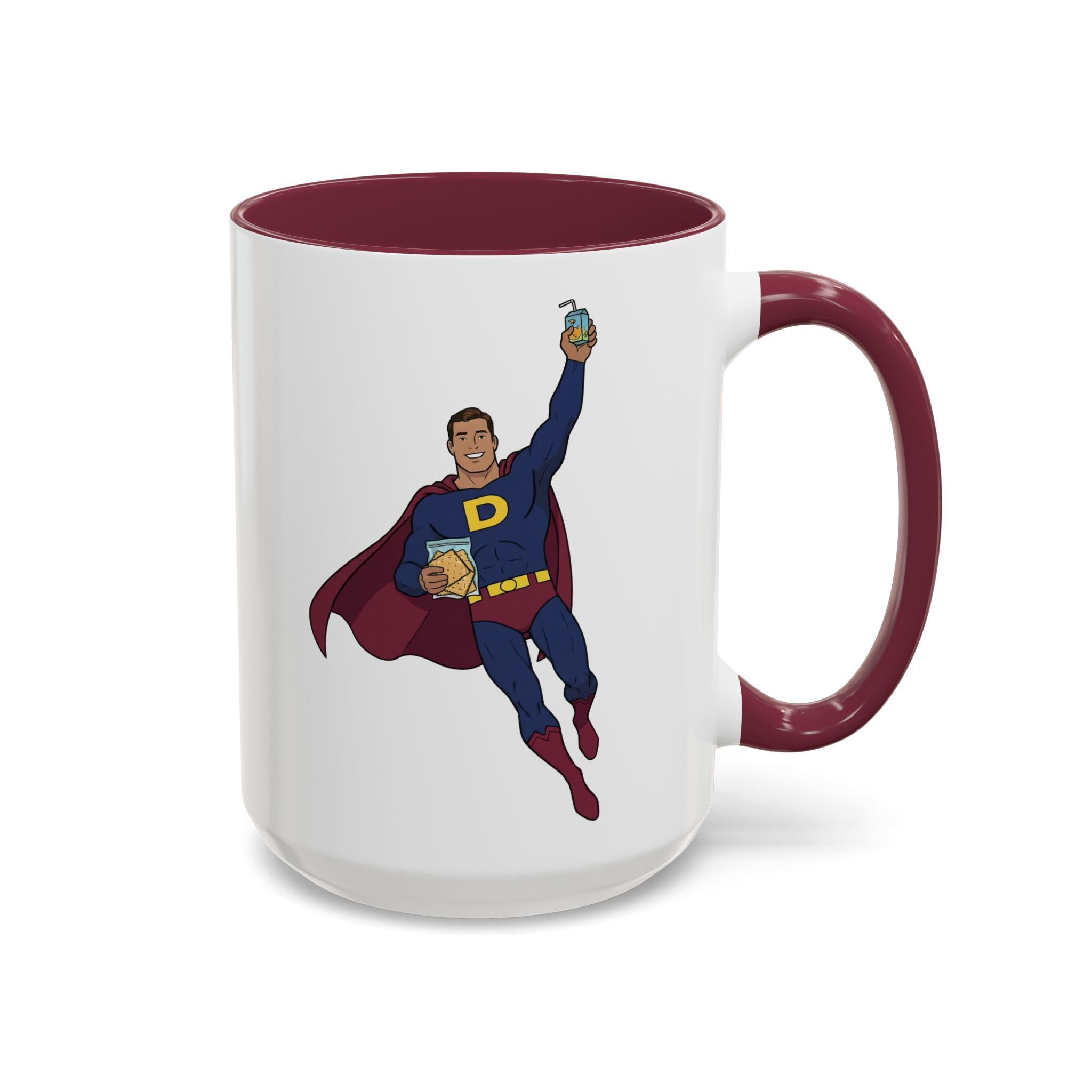 Real Super Heros Bring Snacks! Super D Hot Chocolate/Coffee Mug: 12 Colors 11oz/15oz Ceramic Mug, Superhero Dude, Dad or D initial "D"