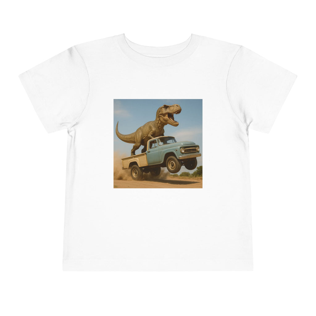 2T-5T T-Rex Riding Vintage Pickup Adventure T-shirt— Dino Imagination Graphic Shirt