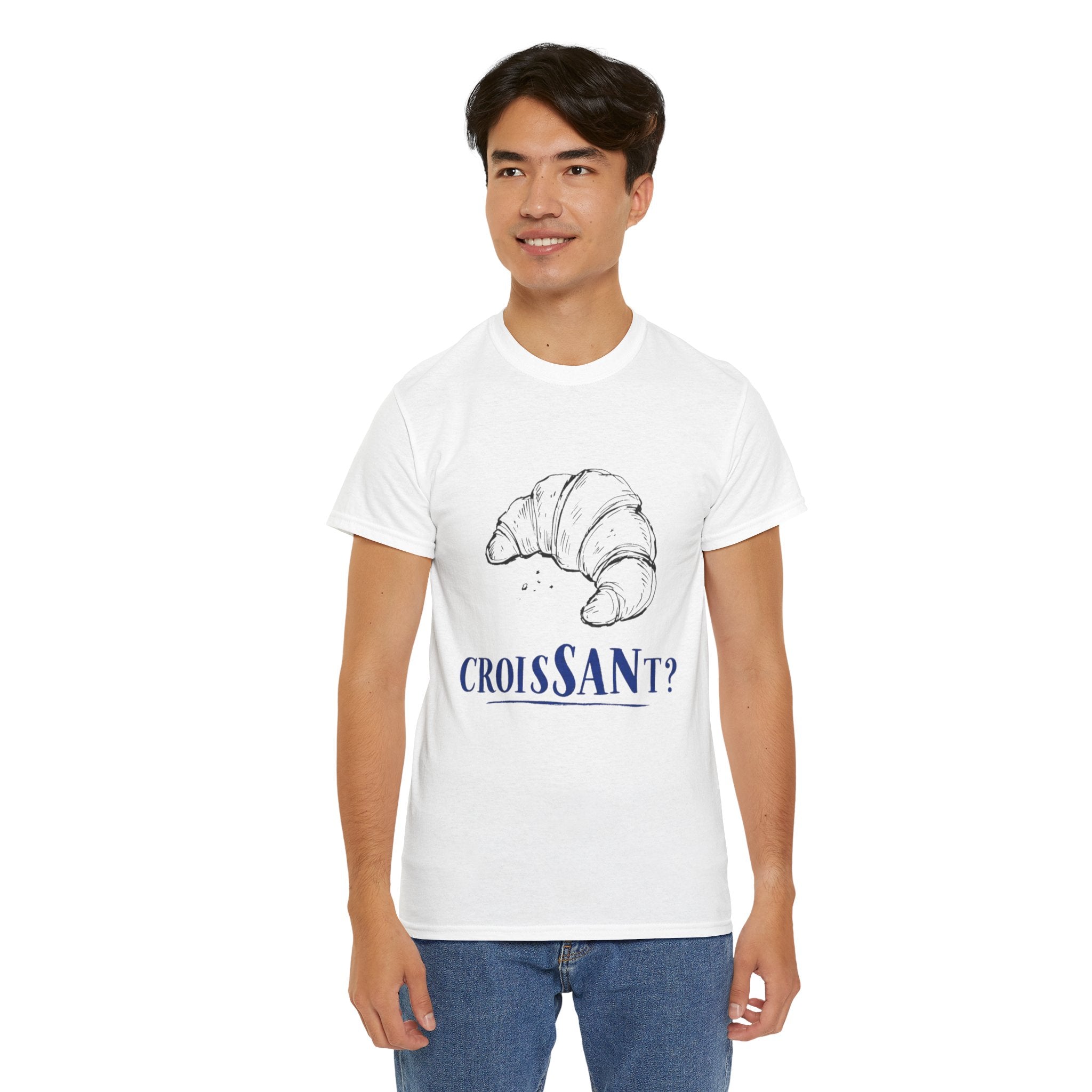 CroisSANt? Croissant Pun Graphic Tee – Funny French Bakery Gift Shirt for Adults & Teens 14 15 16 17 18 & up