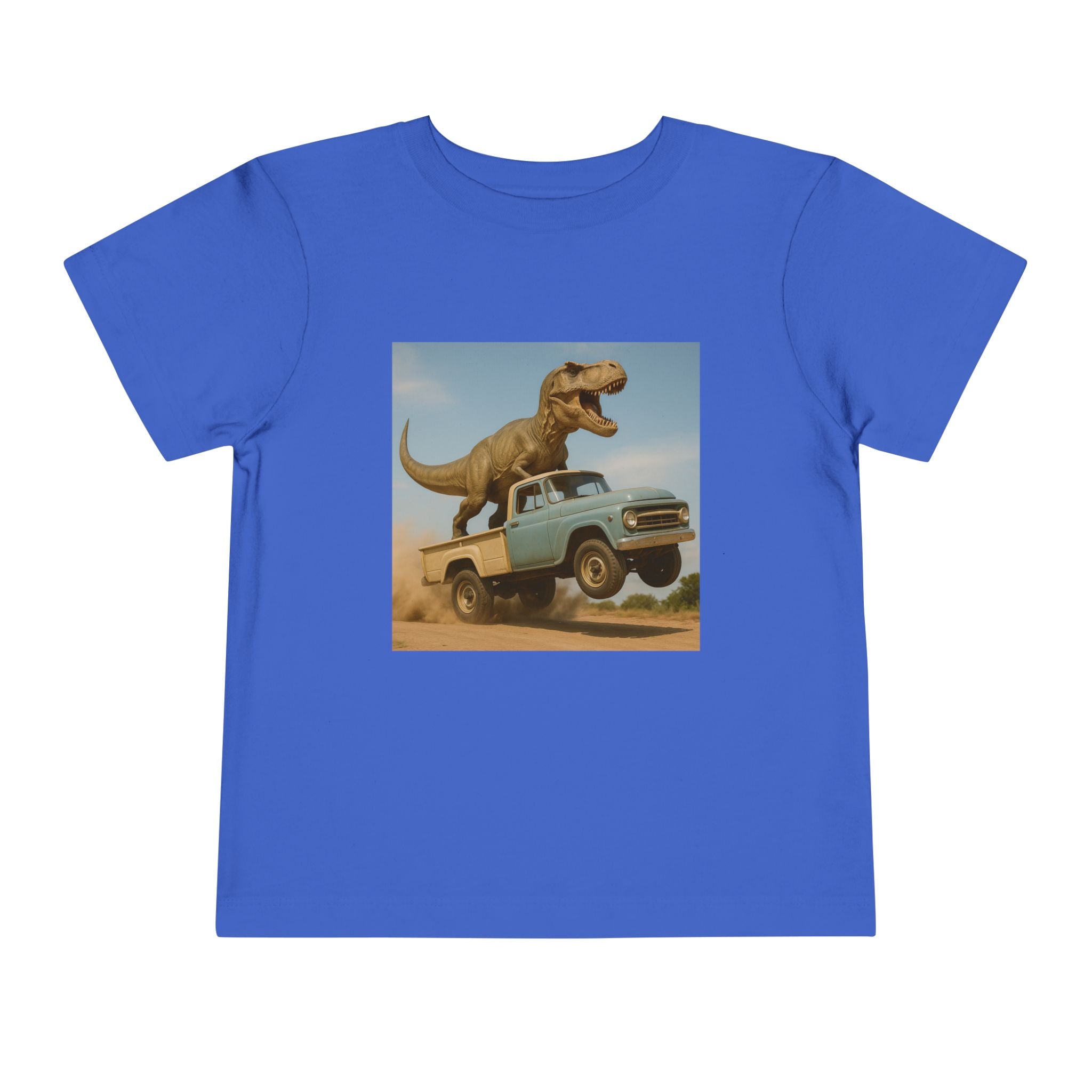 2T-5T T-Rex Riding Vintage Pickup Adventure T-shirt— Dino Imagination Graphic Shirt