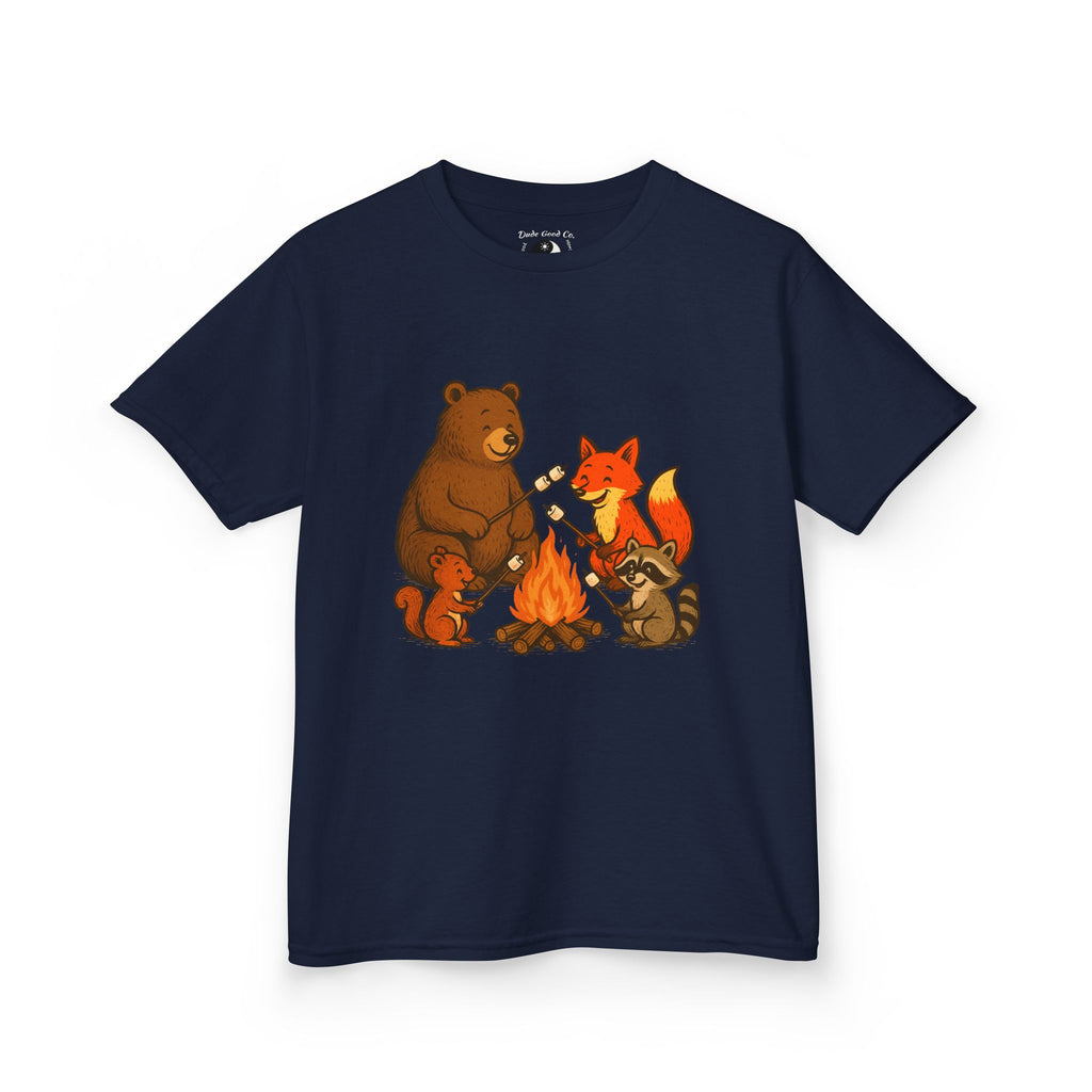 Kids Campfire S'more Woodland Friends T-Shirt — Bear, Fox, Squirrel & Raccoon Roasting Marshmallows Graphic Tee
