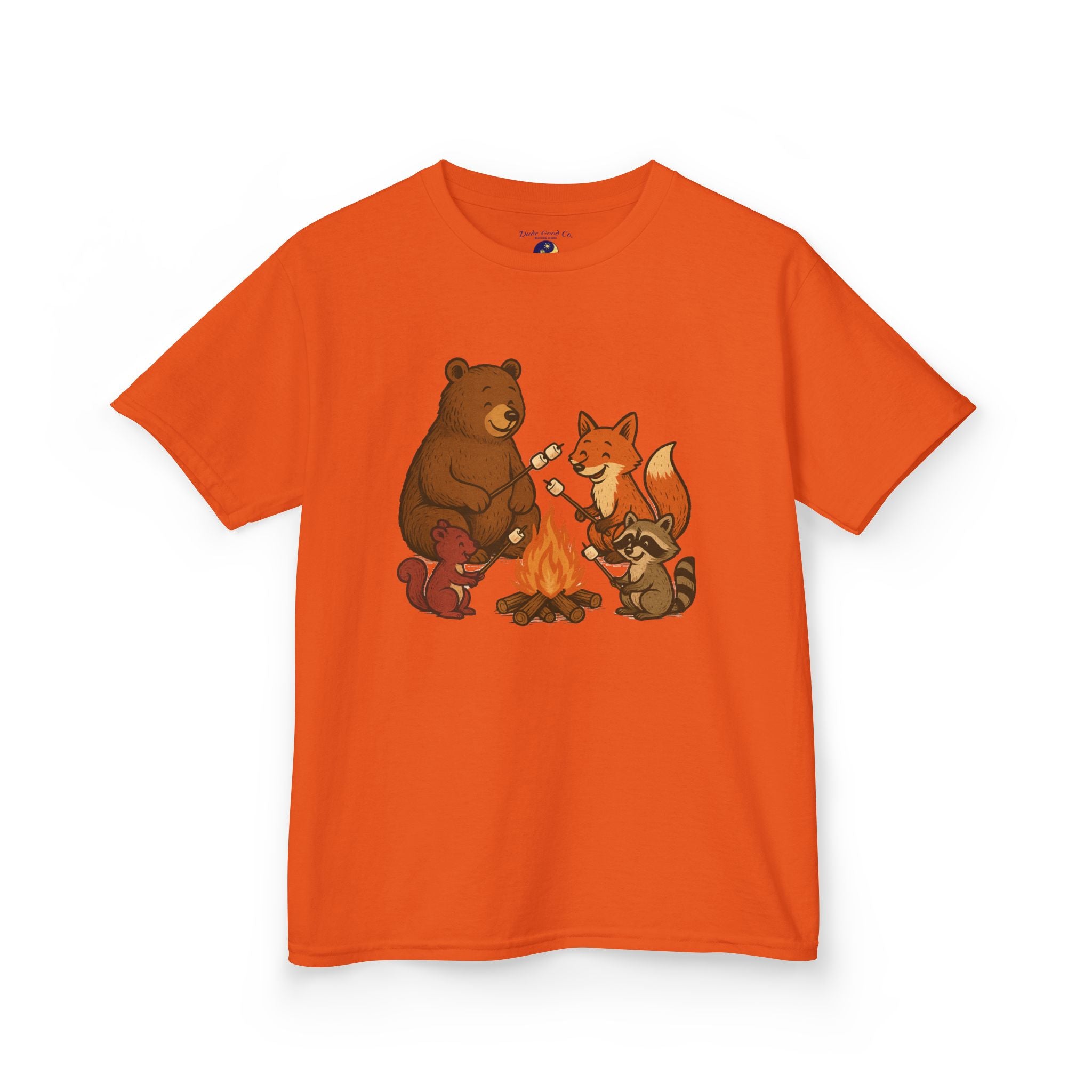 Campfire S’more Woodland Friends T-Shirt — Bear, Fox, Squirrel & Raccoon Roasting Marshmallows Graphic Tee (Sizes 5-14)