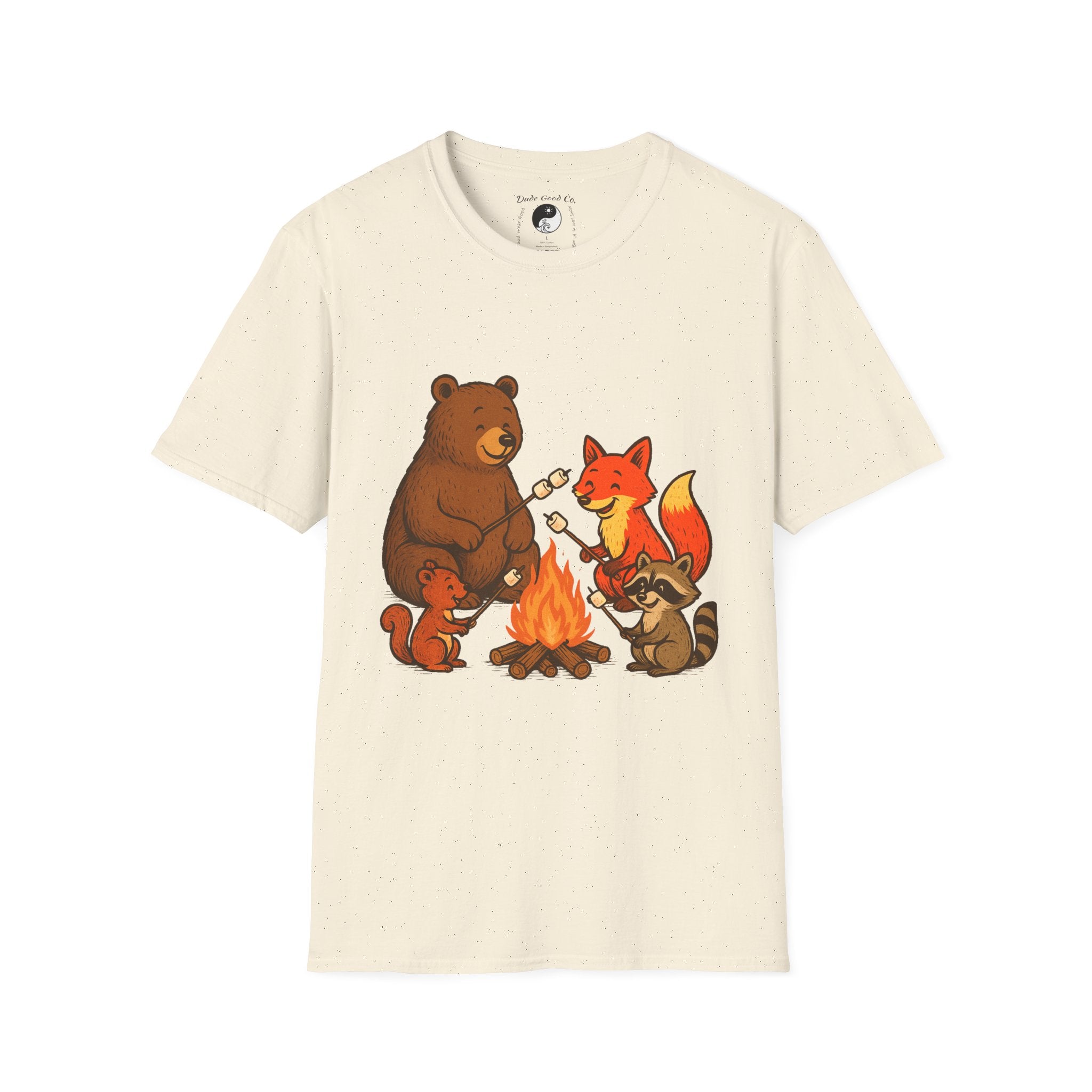Campfire S'more Woodland Friends T-Shirt — Teens & Adults— Bear, Fox, Squirrel & Raccoon Roasting Marshmallows Graphic Tee