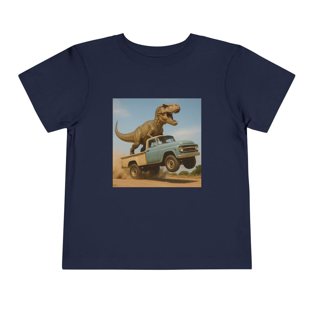 2T-5T T-Rex Riding Vintage Pickup Adventure T-shirt— Dino Imagination Graphic Shirt