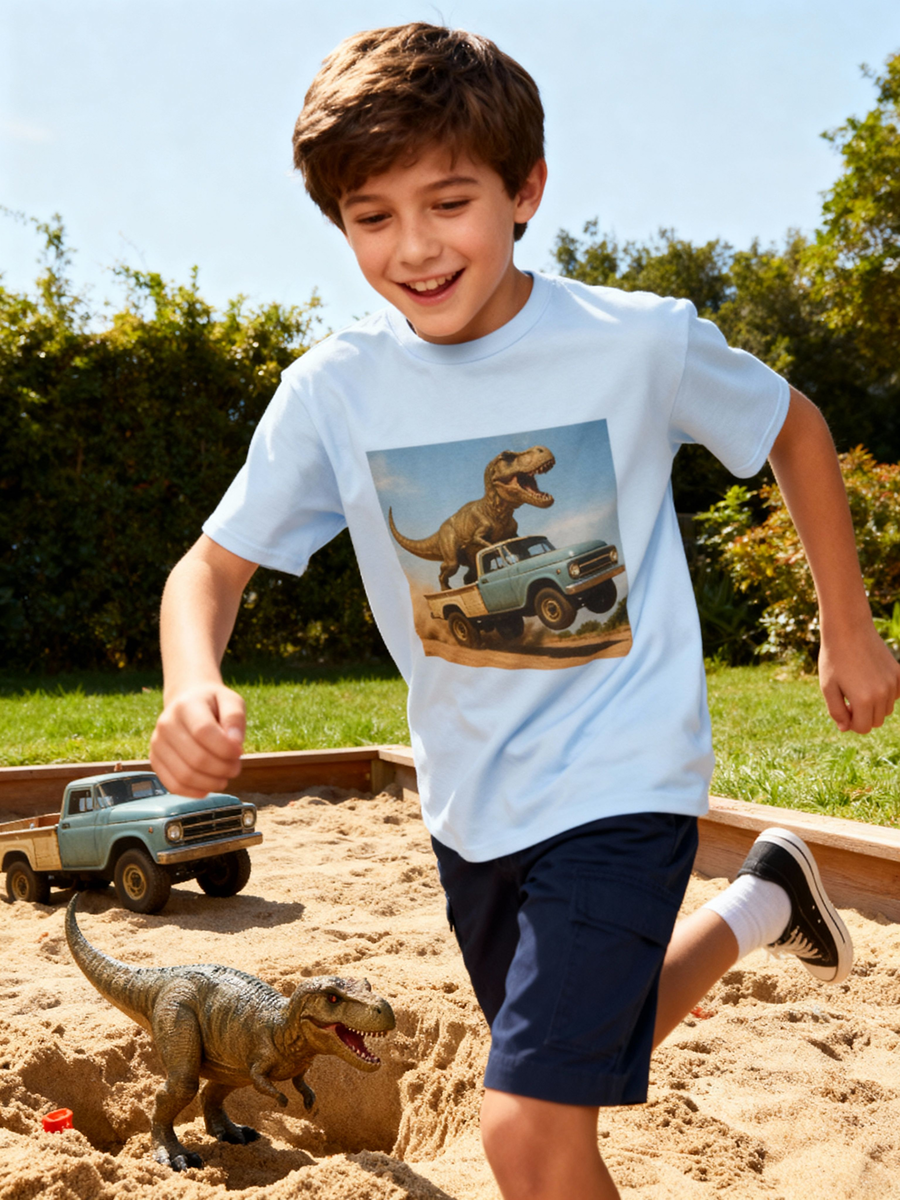 T-Rex Riding Vintage Pickup Adventure! Kid’s Dinosaur Truck T-shirt