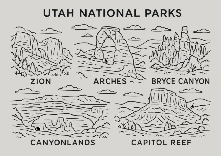 Utah Big 5 National Parks Tee--Teen/Adult Sizes S-5X:  Zion, Arches, Bryce Canyon, Canyonlands, Capitol Reef Line Art T-Shirt