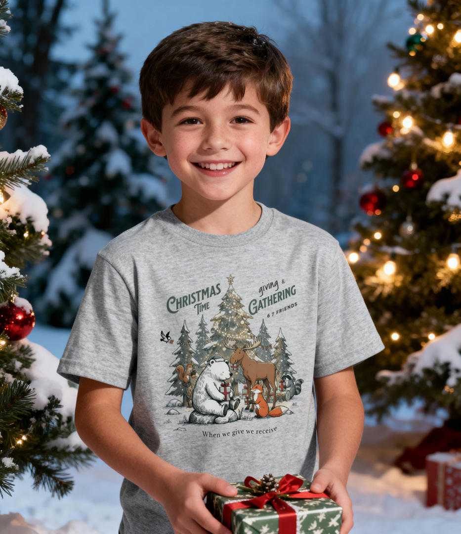 6 7 Woodland Friends Christmas Gift Gathering Kids T-shirt--Family Holiday Shirt