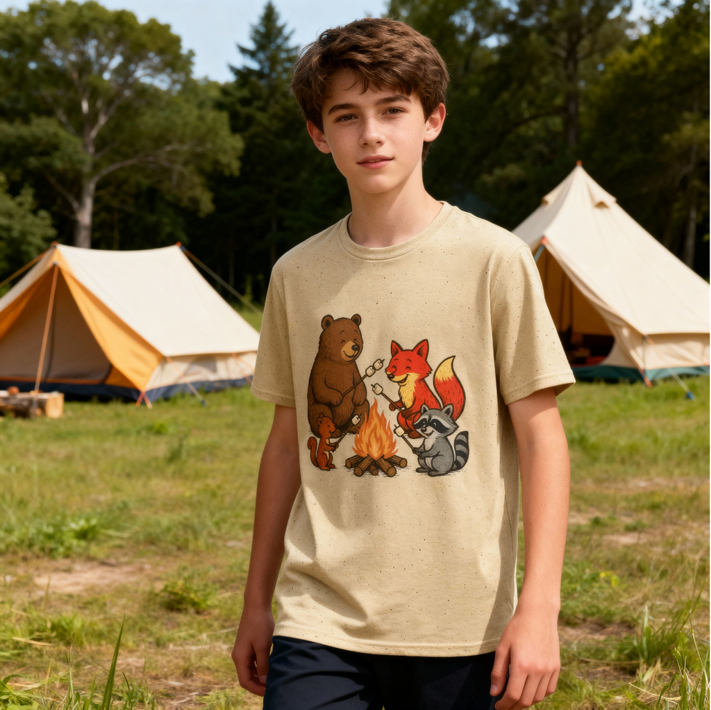 Campfire S'more Woodland Friends T-Shirt — Teens & Adults— Bear, Fox, Squirrel & Raccoon Roasting Marshmallows Graphic Tee