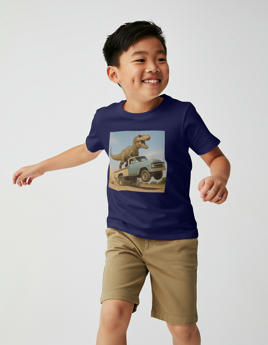 2T-5T T-Rex Riding Vintage Pickup Adventure T-shirt— Dino Imagination Graphic Shirt