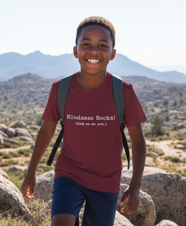Kids Tee — Kindness Rocks! (And so do you.) — Vintage Typewriter Font Inspirational Children's T‑Shirt